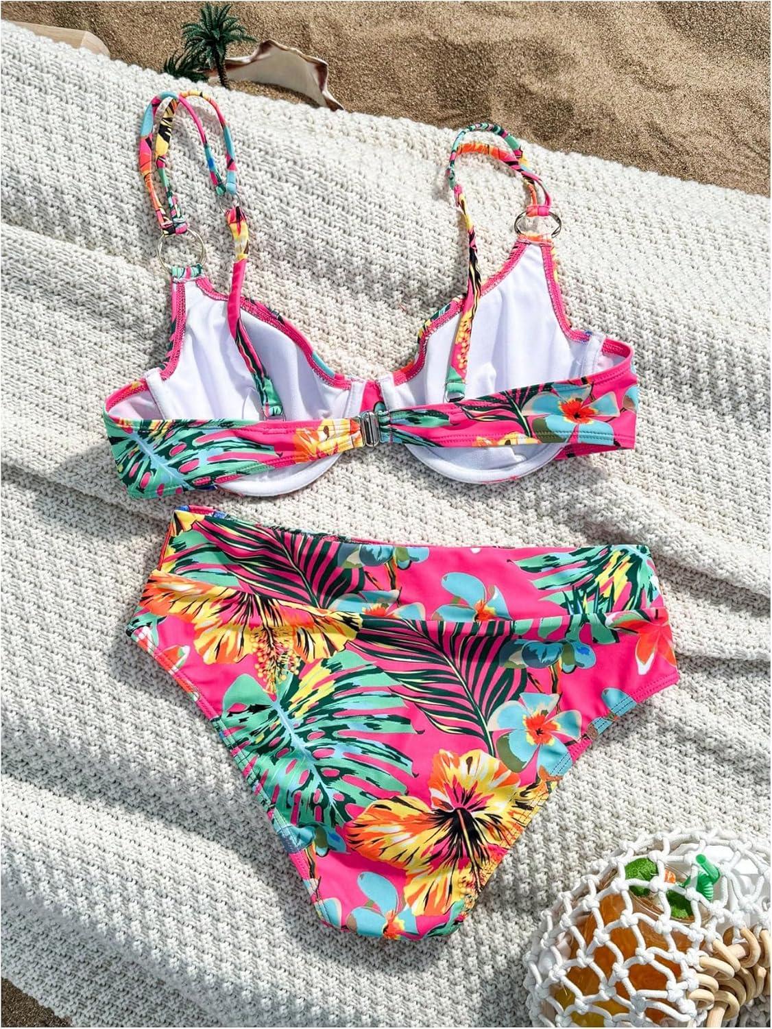 imageMakeMeChic Womens 2 Piece Floral Bikini Set Ring Linked Underwire High Waist Bathing Suit SwimsuitMulticolor