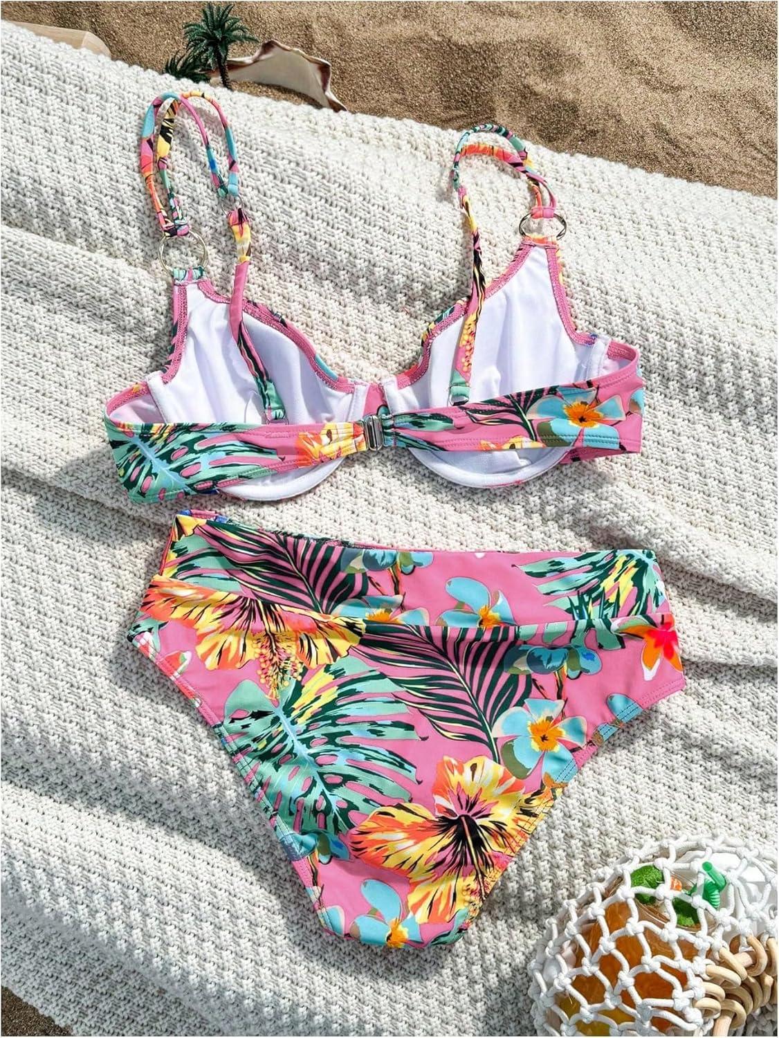imageMakeMeChic Womens 2 Piece Floral Bikini Set Ring Linked Underwire High Waist Bathing Suit SwimsuitPink