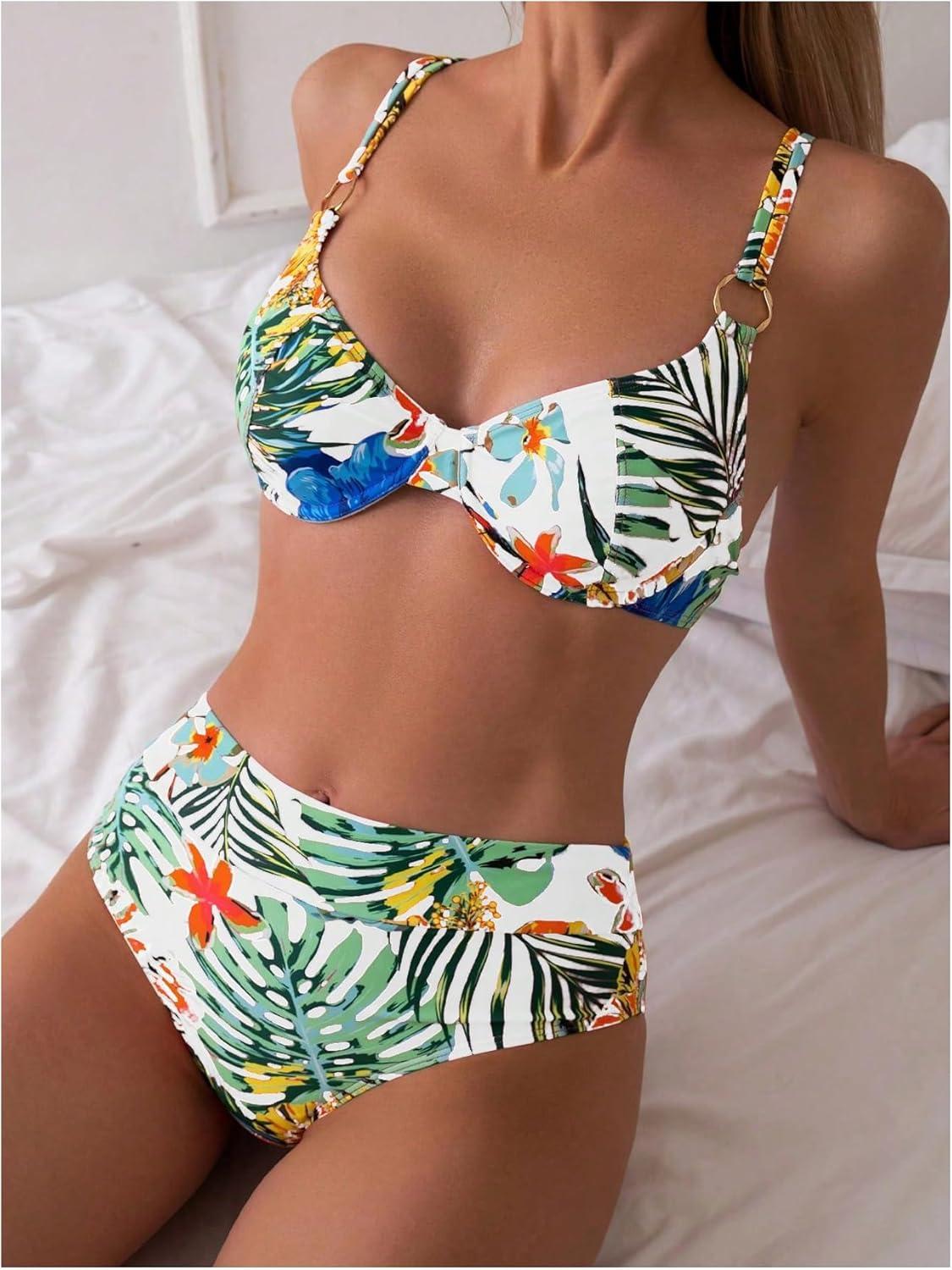 imageMakeMeChic Womens 2 Piece Floral Bikini Set Ring Linked Underwire High Waist Bathing Suit SwimsuitWhite
