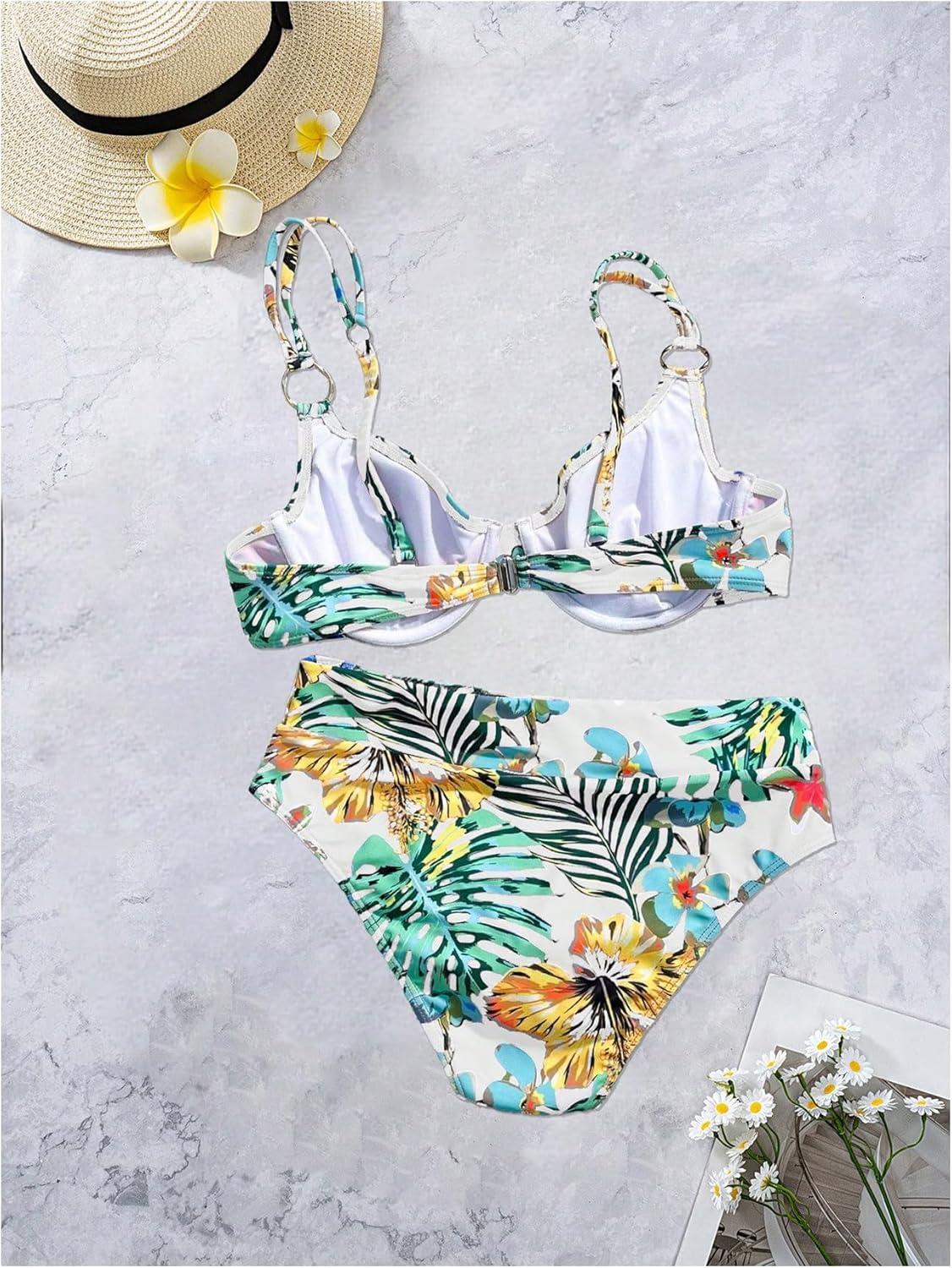 imageMakeMeChic Womens 2 Piece Floral Bikini Set Ring Linked Underwire High Waist Bathing Suit SwimsuitWhite