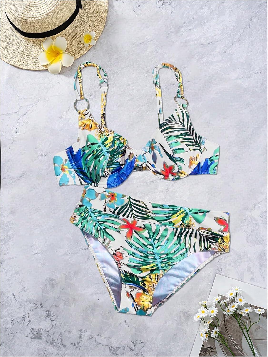 imageMakeMeChic Womens 2 Piece Floral Bikini Set Ring Linked Underwire High Waist Bathing Suit SwimsuitWhite