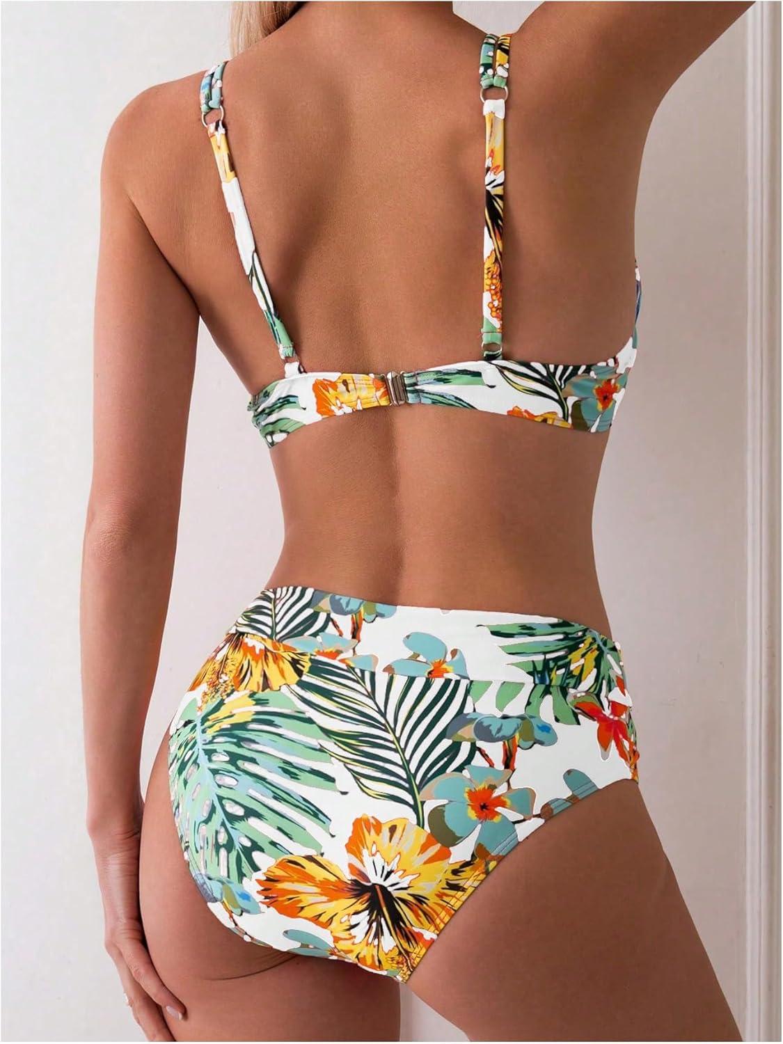 imageMakeMeChic Womens 2 Piece Floral Bikini Set Ring Linked Underwire High Waist Bathing Suit SwimsuitWhite