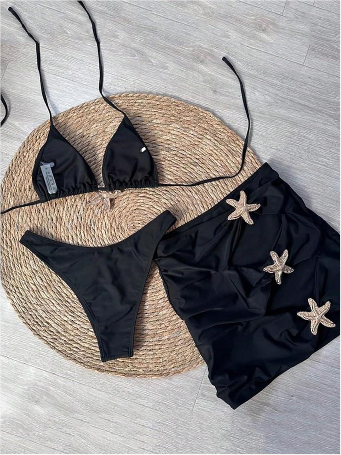 imageMakeMeChic Womens 3 Piece Bikini Set Halter Triangle Metal Starfish Swimsuit with Cut Out Cover Up SkirtBlack