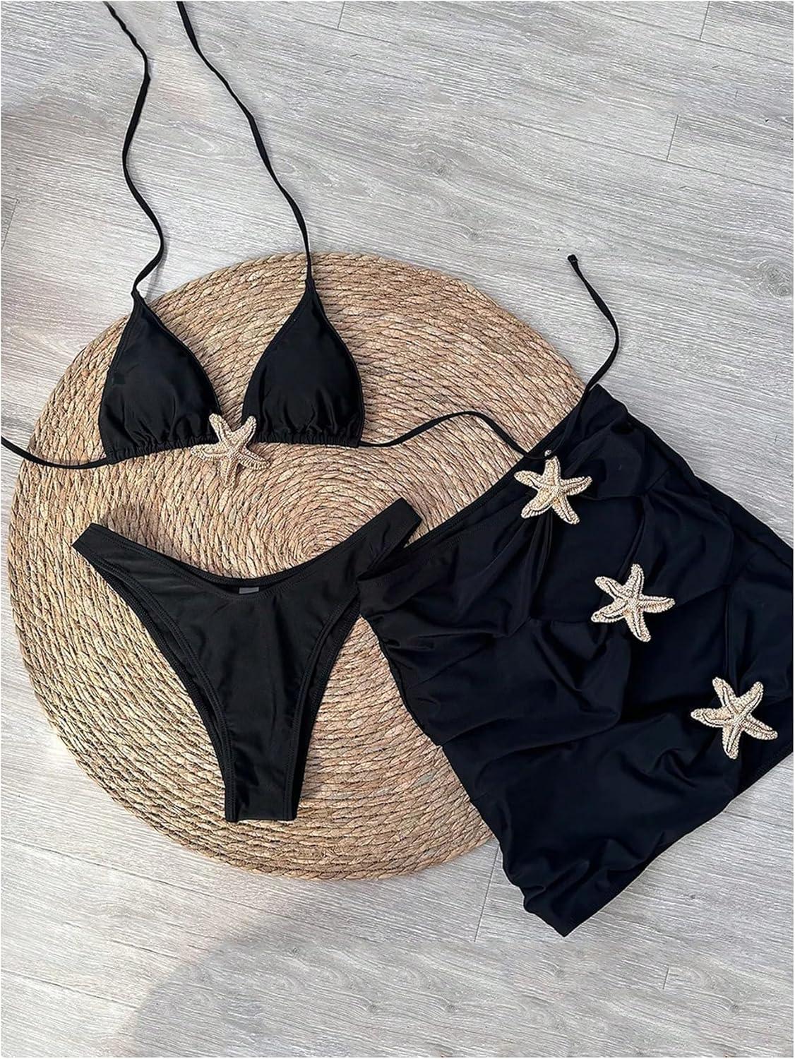 imageMakeMeChic Womens 3 Piece Bikini Set Halter Triangle Metal Starfish Swimsuit with Cut Out Cover Up SkirtBlack