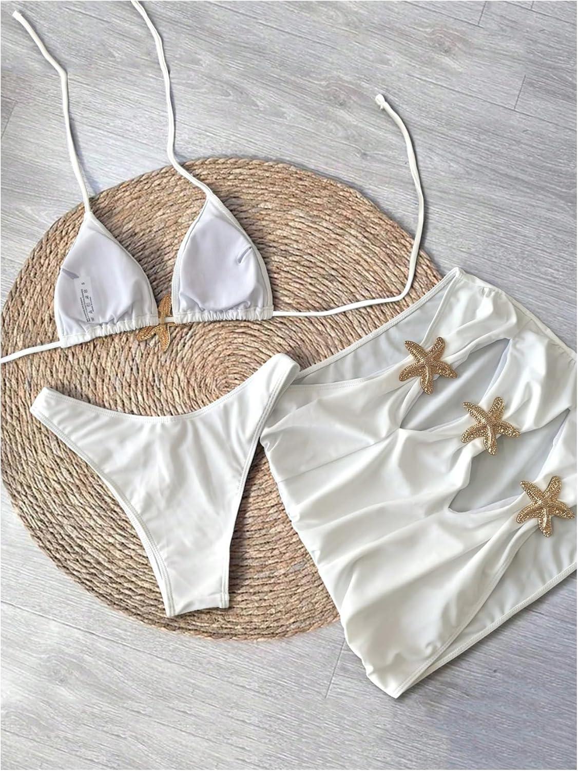 imageMakeMeChic Womens 3 Piece Bikini Set Halter Triangle Metal Starfish Swimsuit with Cut Out Cover Up SkirtWhite