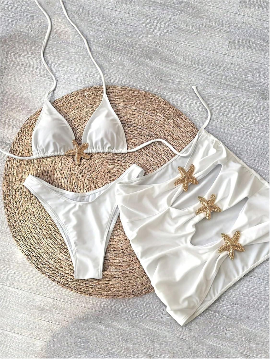 imageMakeMeChic Womens 3 Piece Bikini Set Halter Triangle Metal Starfish Swimsuit with Cut Out Cover Up SkirtWhite