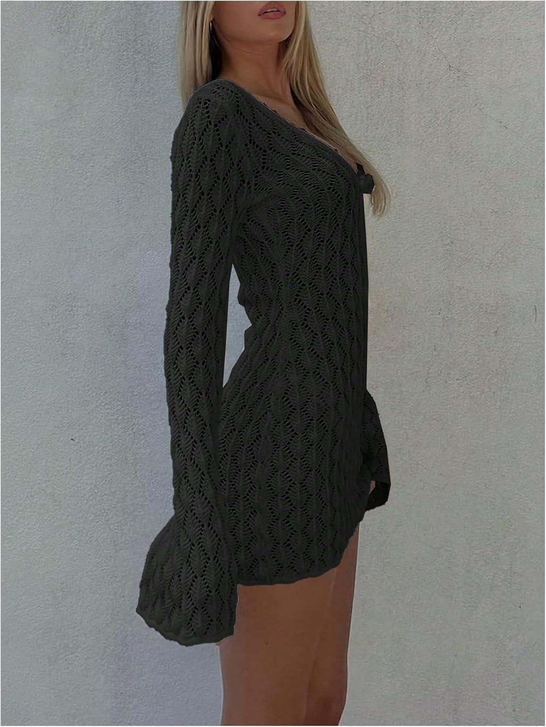 imageMakeMeChic Womens Bathing Suit Beach Cover Ups Long Sleeve Crochet Mini DressBlack