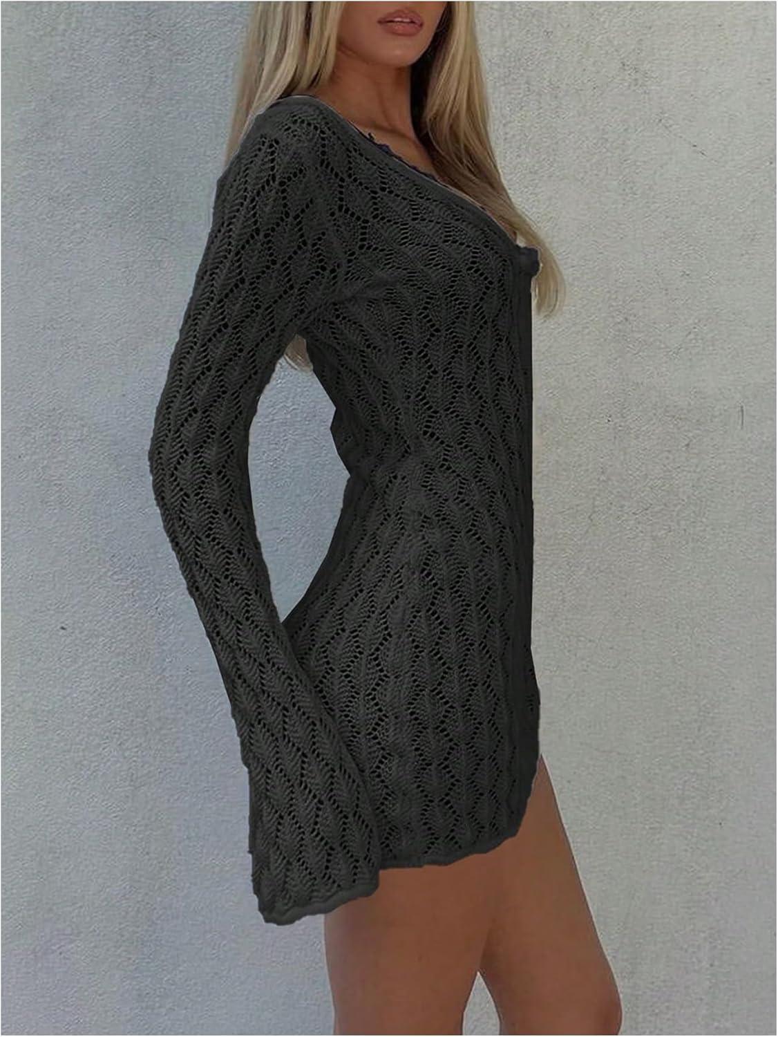 imageMakeMeChic Womens Bathing Suit Beach Cover Ups Long Sleeve Crochet Mini DressBlack
