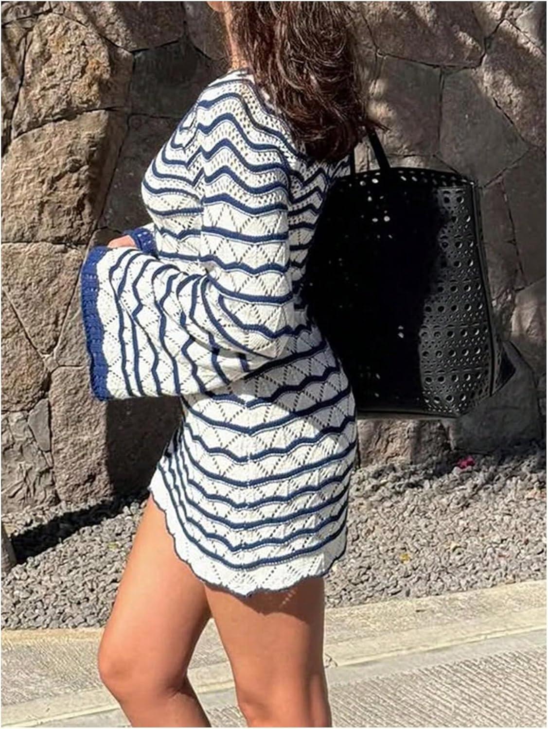 imageMakeMeChic Womens Bathing Suit Beach Cover Ups Long Sleeve Crochet Mini DressBlue and White