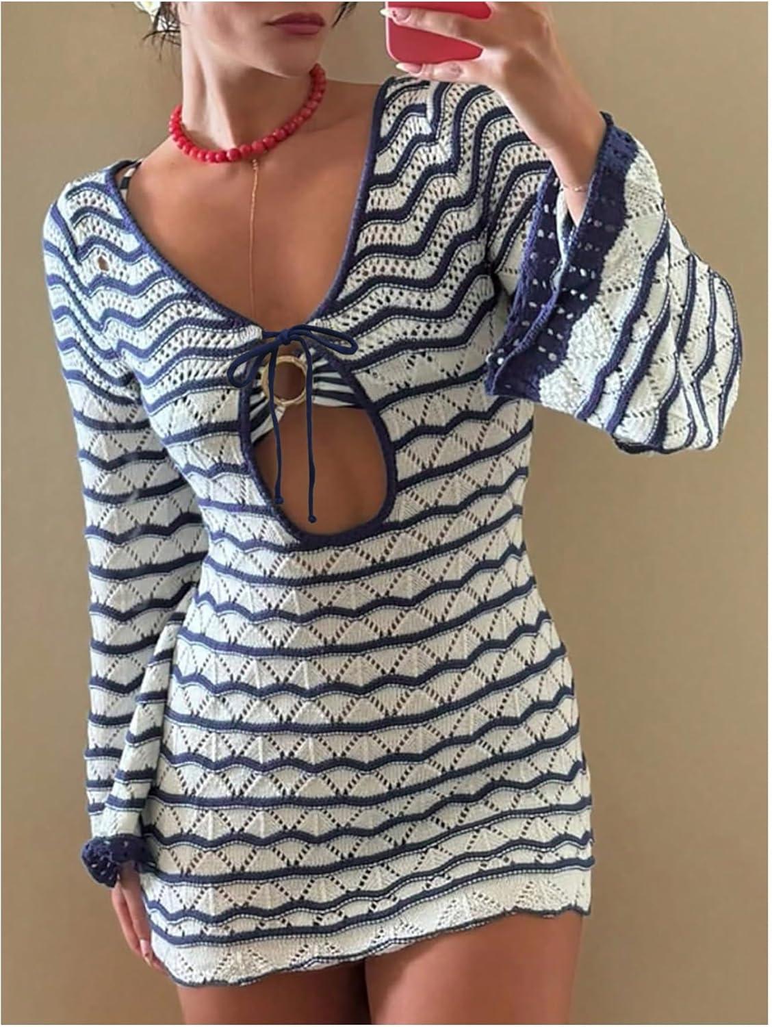 imageMakeMeChic Womens Bathing Suit Beach Cover Ups Long Sleeve Crochet Mini DressBlue and White