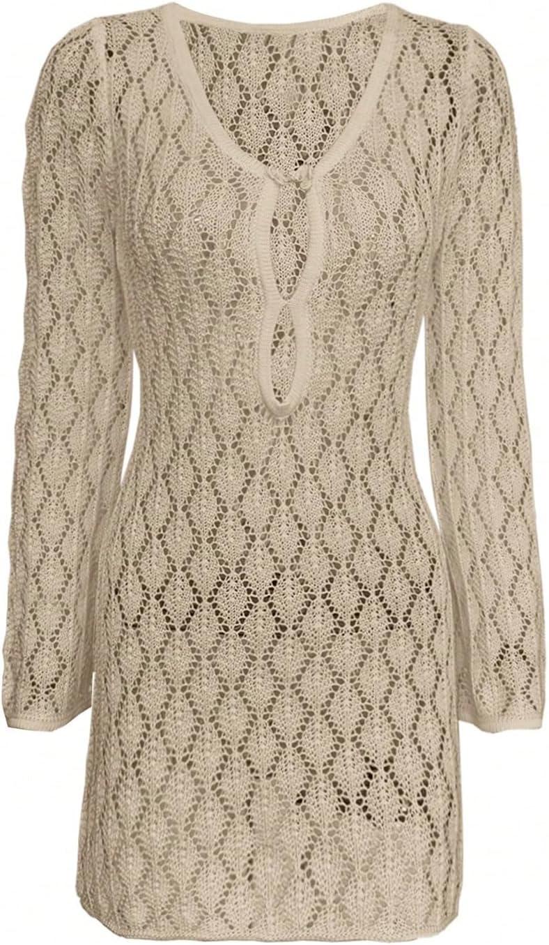 imageMakeMeChic Womens Bathing Suit Beach Cover Ups Long Sleeve Crochet Mini DressKhaki