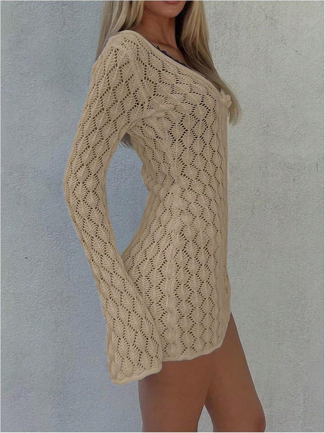 imageMakeMeChic Womens Bathing Suit Beach Cover Ups Long Sleeve Crochet Mini DressKhaki