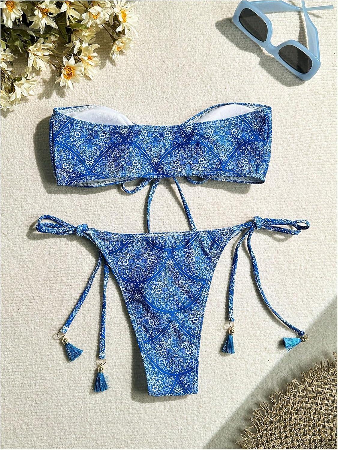 imageMakeMeChic Womens Bikini Sets Floral Print Bow Knot Tie Side Bandeau Bathing SuitsBlue