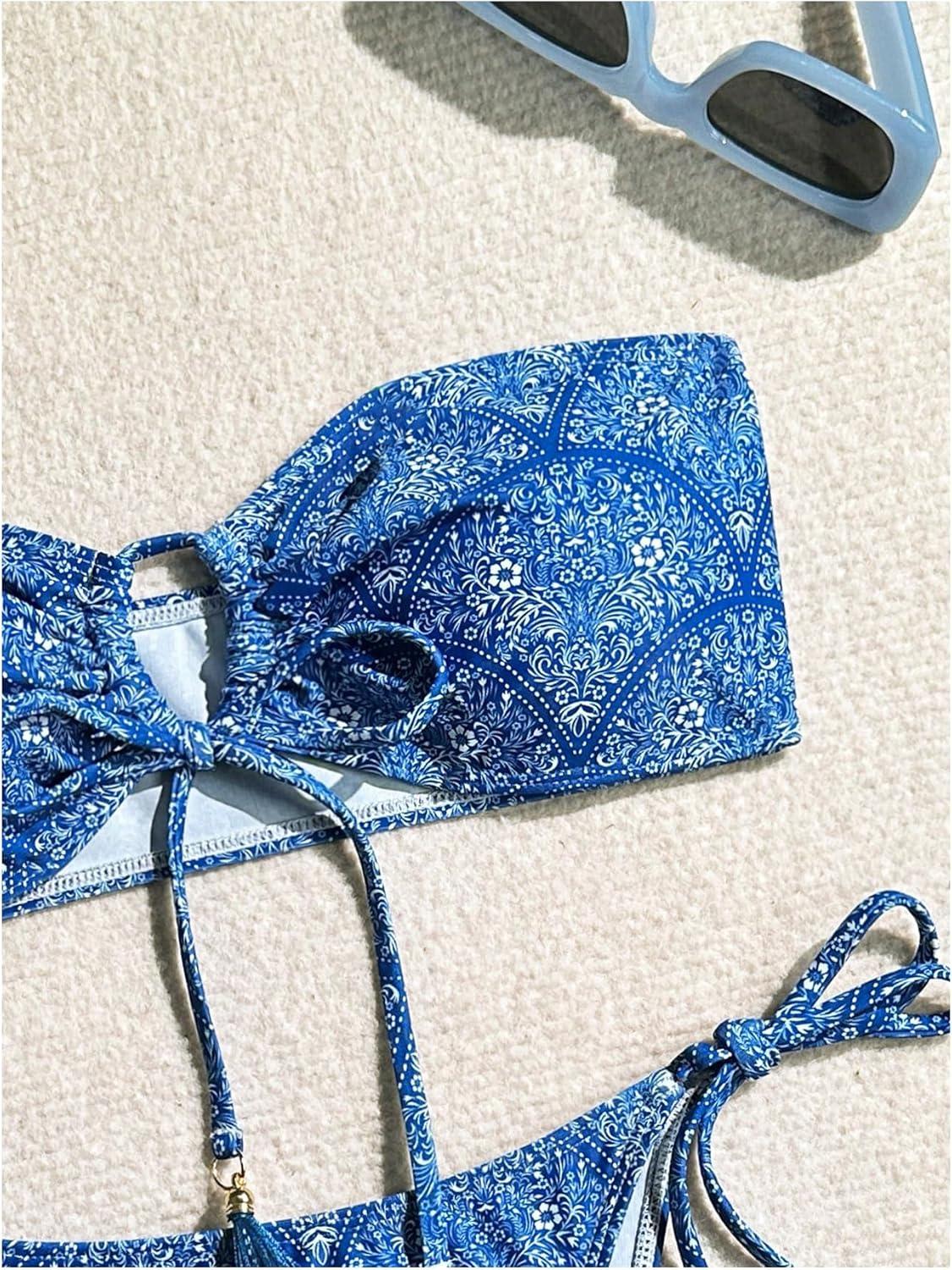 imageMakeMeChic Womens Bikini Sets Floral Print Bow Knot Tie Side Bandeau Bathing SuitsBlue