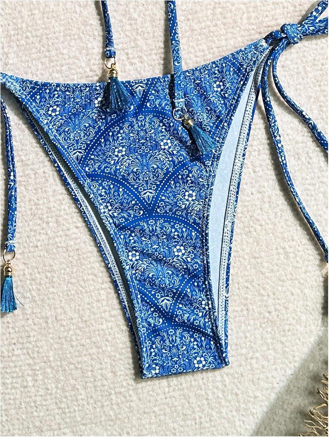 imageMakeMeChic Womens Bikini Sets Floral Print Bow Knot Tie Side Bandeau Bathing SuitsBlue