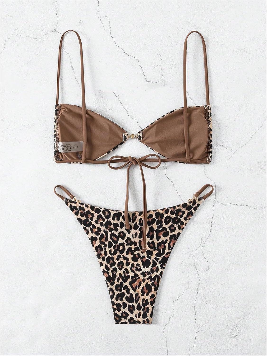 imageMakeMeChic Womens Cheetah Print Thong Bikini Sets High Cut Leopard Bathing Suit SwimsuitRandom Print