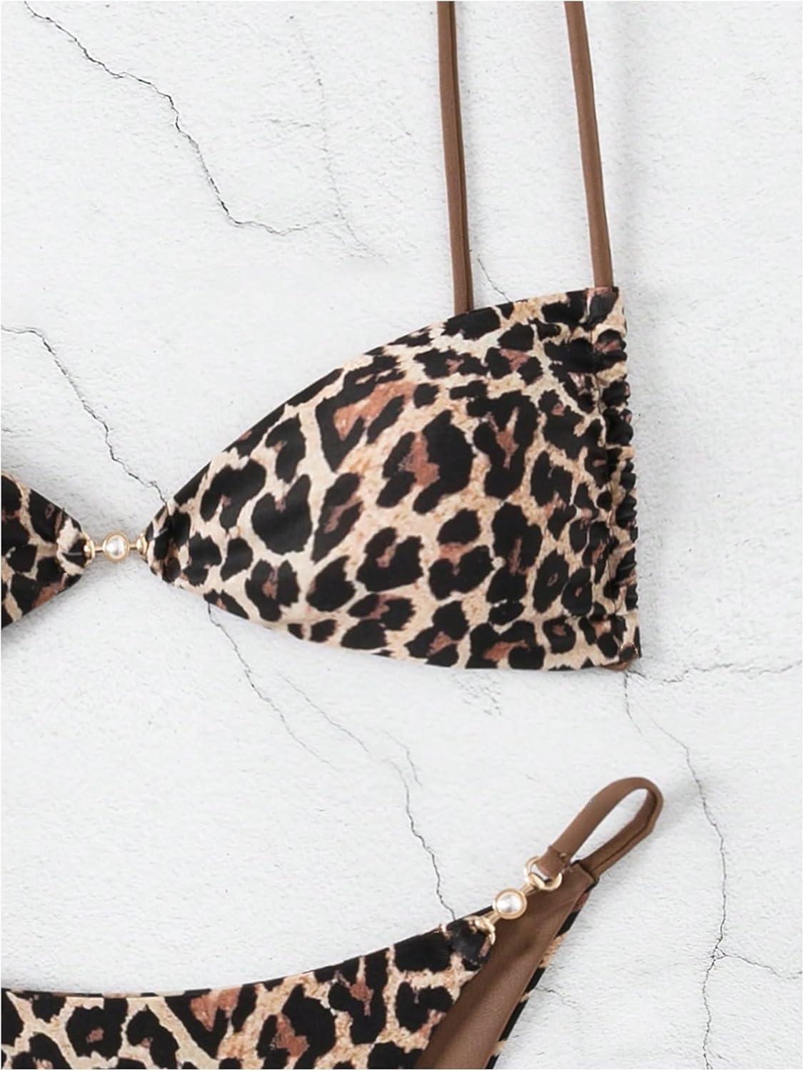 imageMakeMeChic Womens Cheetah Print Thong Bikini Sets High Cut Leopard Bathing Suit SwimsuitRandom Print