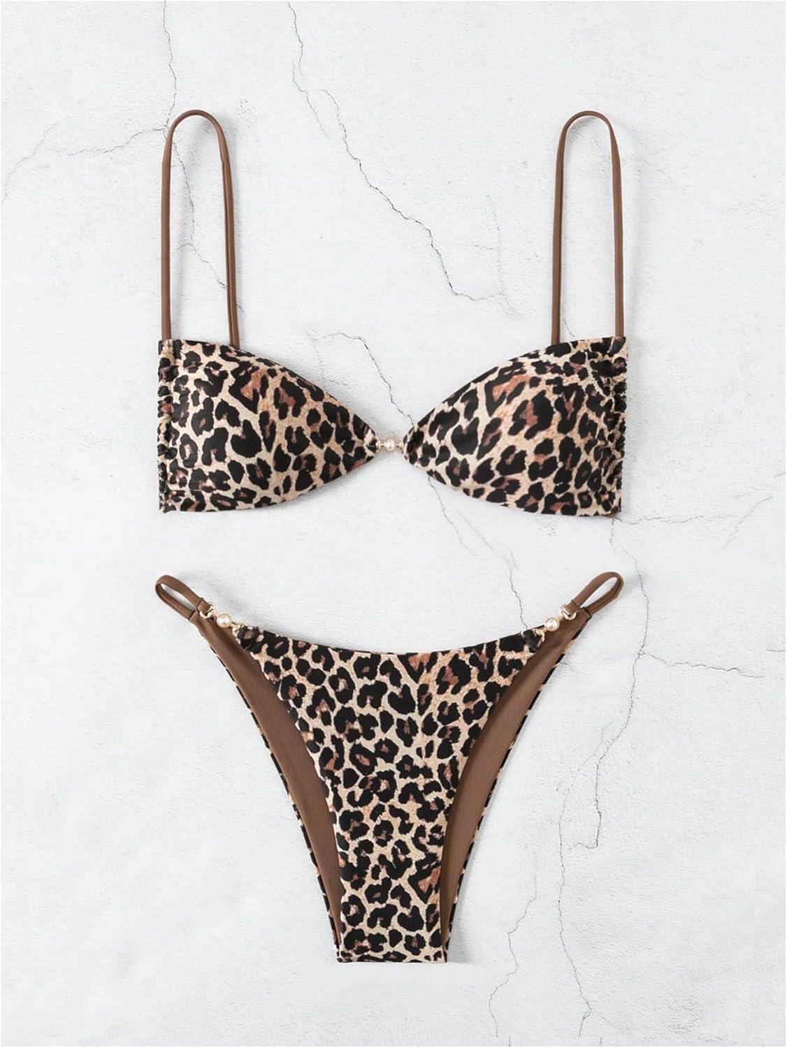 imageMakeMeChic Womens Cheetah Print Thong Bikini Sets High Cut Leopard Bathing Suit SwimsuitRandom Print