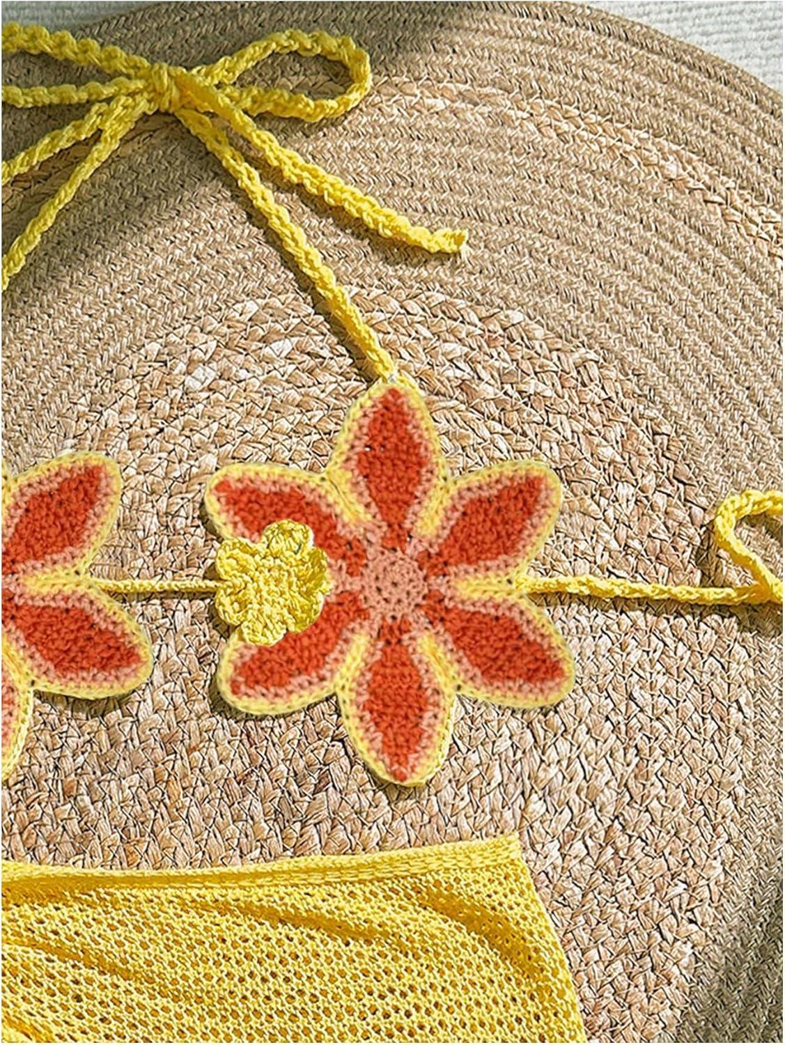 imageMakeMeChic Womens Crochet Cover Ups 3D Floral Halter Tie Back Beach Bathing Suit Cover UpBurnt Orange
