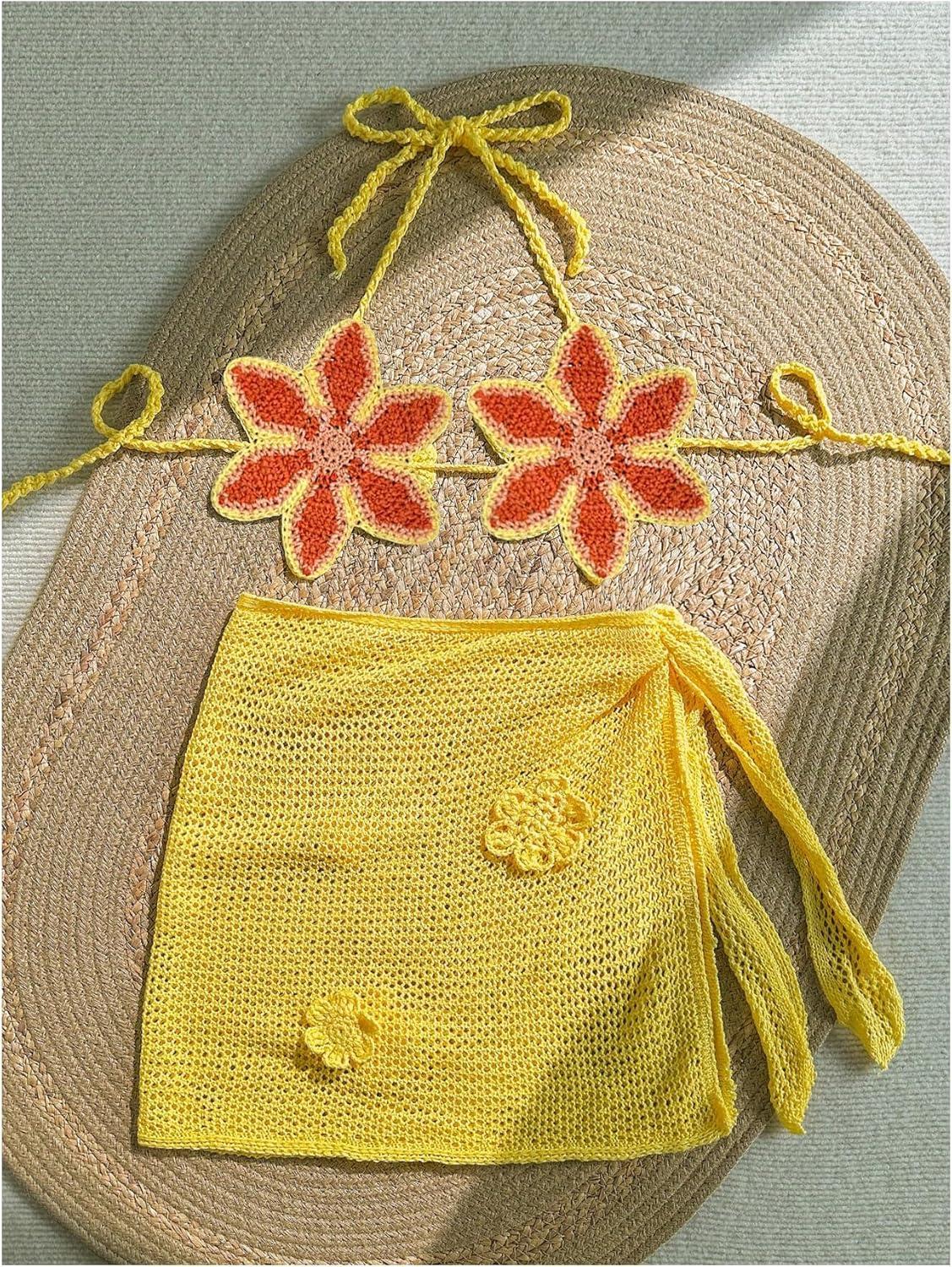 imageMakeMeChic Womens Crochet Cover Ups 3D Floral Halter Tie Back Beach Bathing Suit Cover UpBurnt Orange