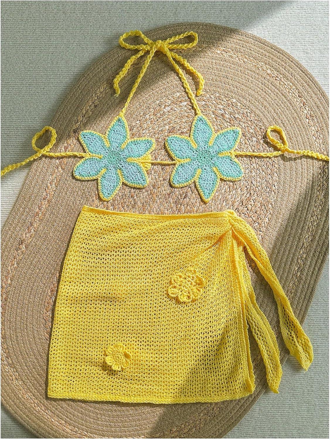 imageMakeMeChic Womens Crochet Cover Ups 3D Floral Halter Tie Back Beach Bathing Suit Cover UpMulticolor