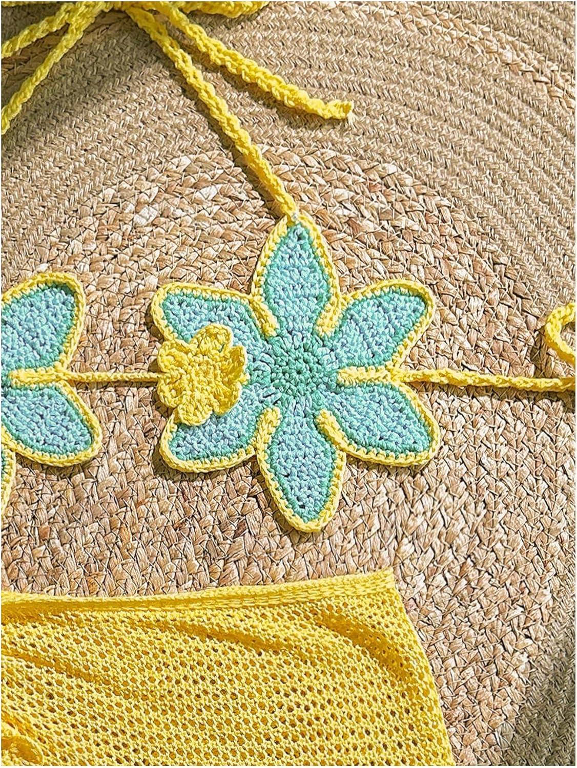 imageMakeMeChic Womens Crochet Cover Ups 3D Floral Halter Tie Back Beach Bathing Suit Cover UpMulticolor