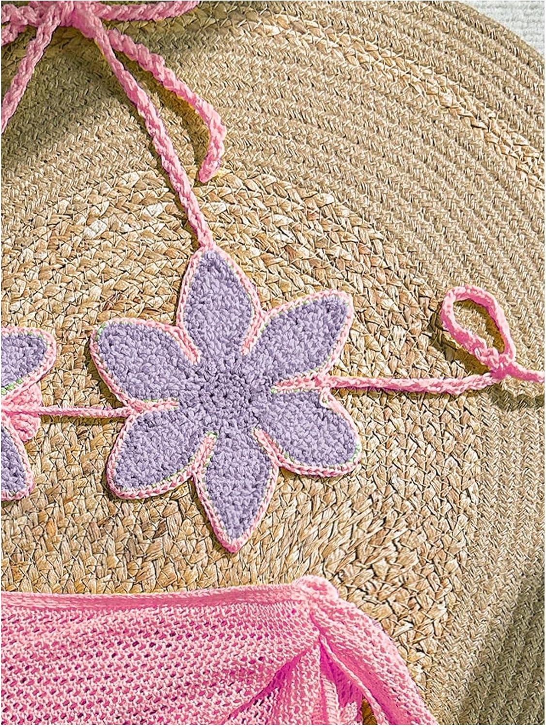 imageMakeMeChic Womens Crochet Cover Ups 3D Floral Halter Tie Back Beach Bathing Suit Cover UpPink