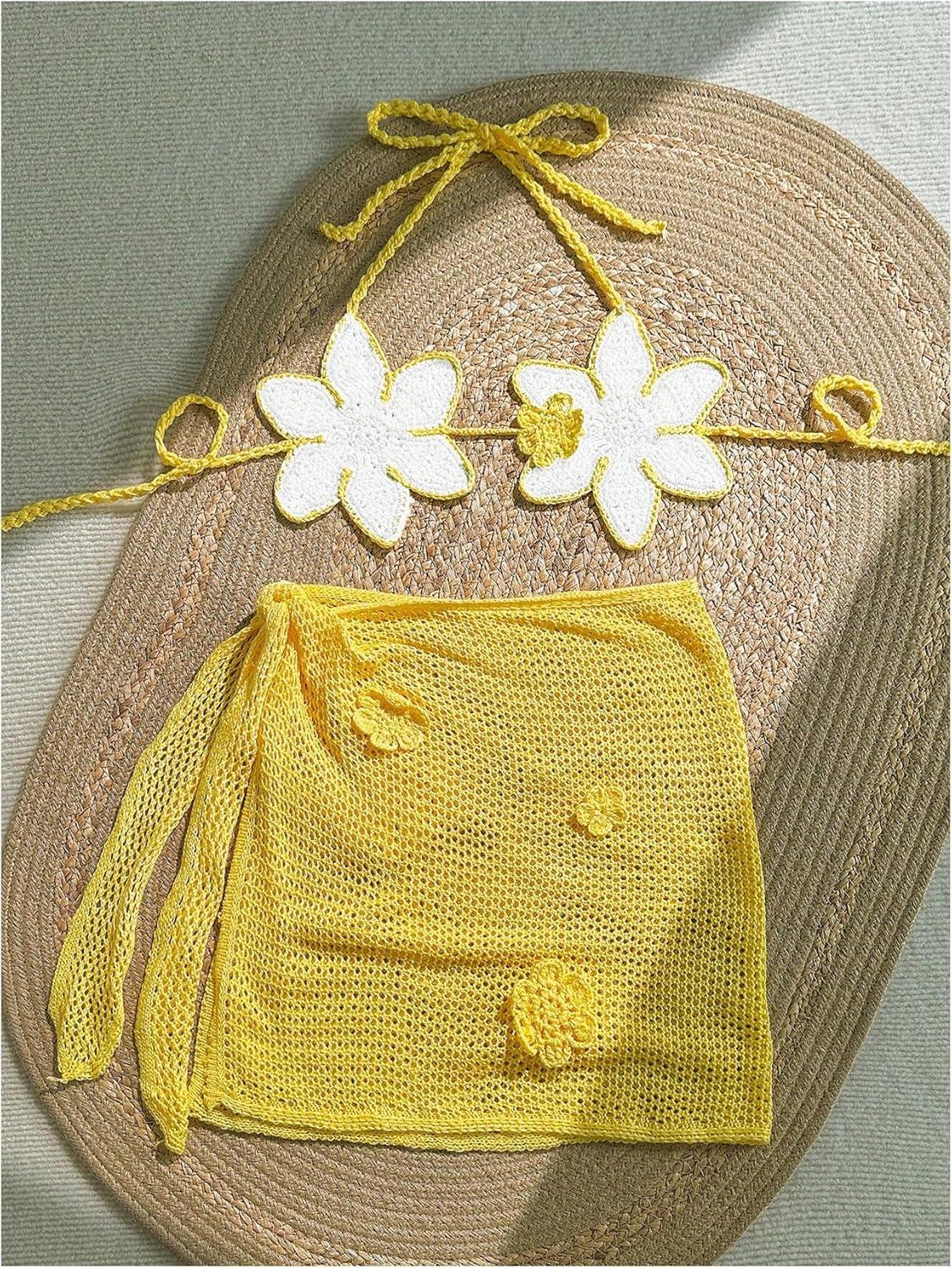 imageMakeMeChic Womens Crochet Cover Ups 3D Floral Halter Tie Back Beach Bathing Suit Cover UpWhite