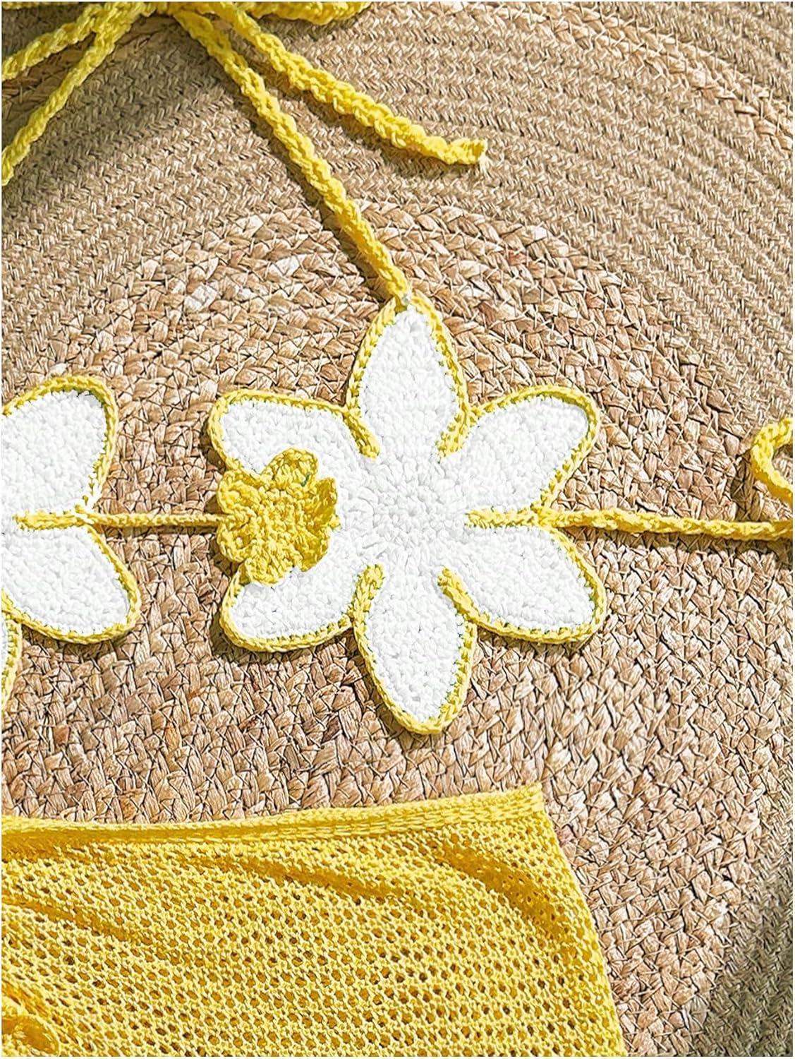 imageMakeMeChic Womens Crochet Cover Ups 3D Floral Halter Tie Back Beach Bathing Suit Cover UpWhite