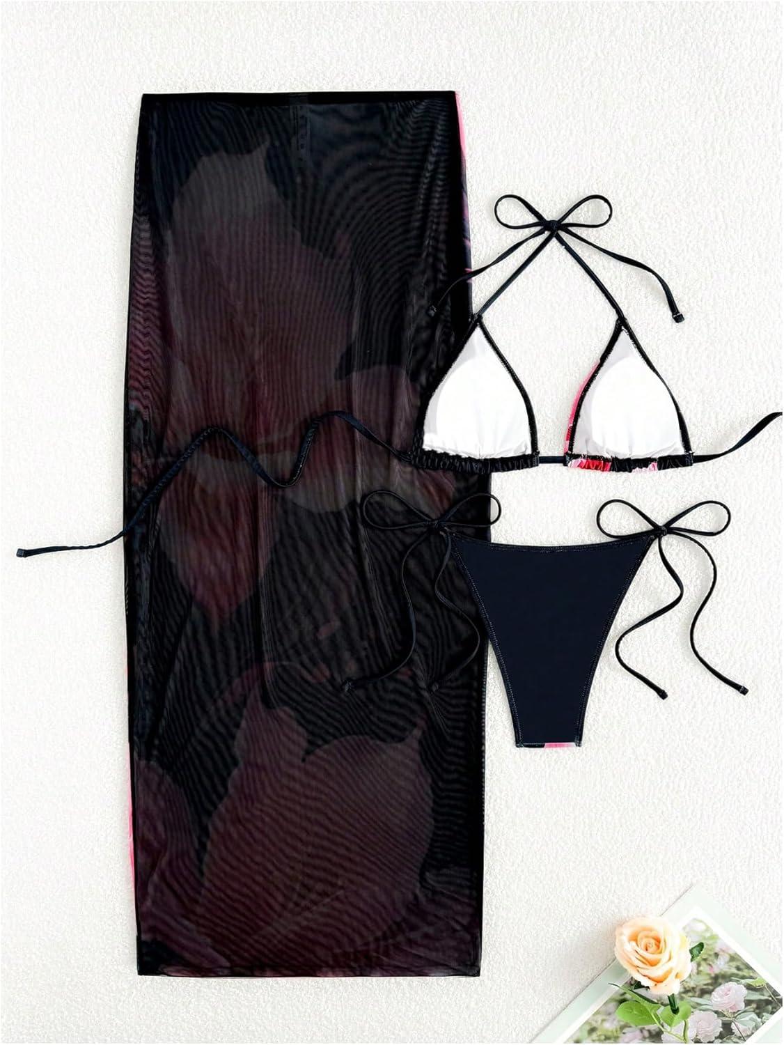 imageMakeMeChic Womens Floral Bikini Set Halter Triangle Tie Side Swimsuits with Cover Up SkirtBlack