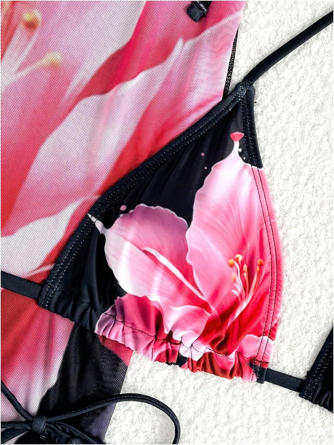 imageMakeMeChic Womens Floral Bikini Set Halter Triangle Tie Side Swimsuits with Cover Up SkirtBlack