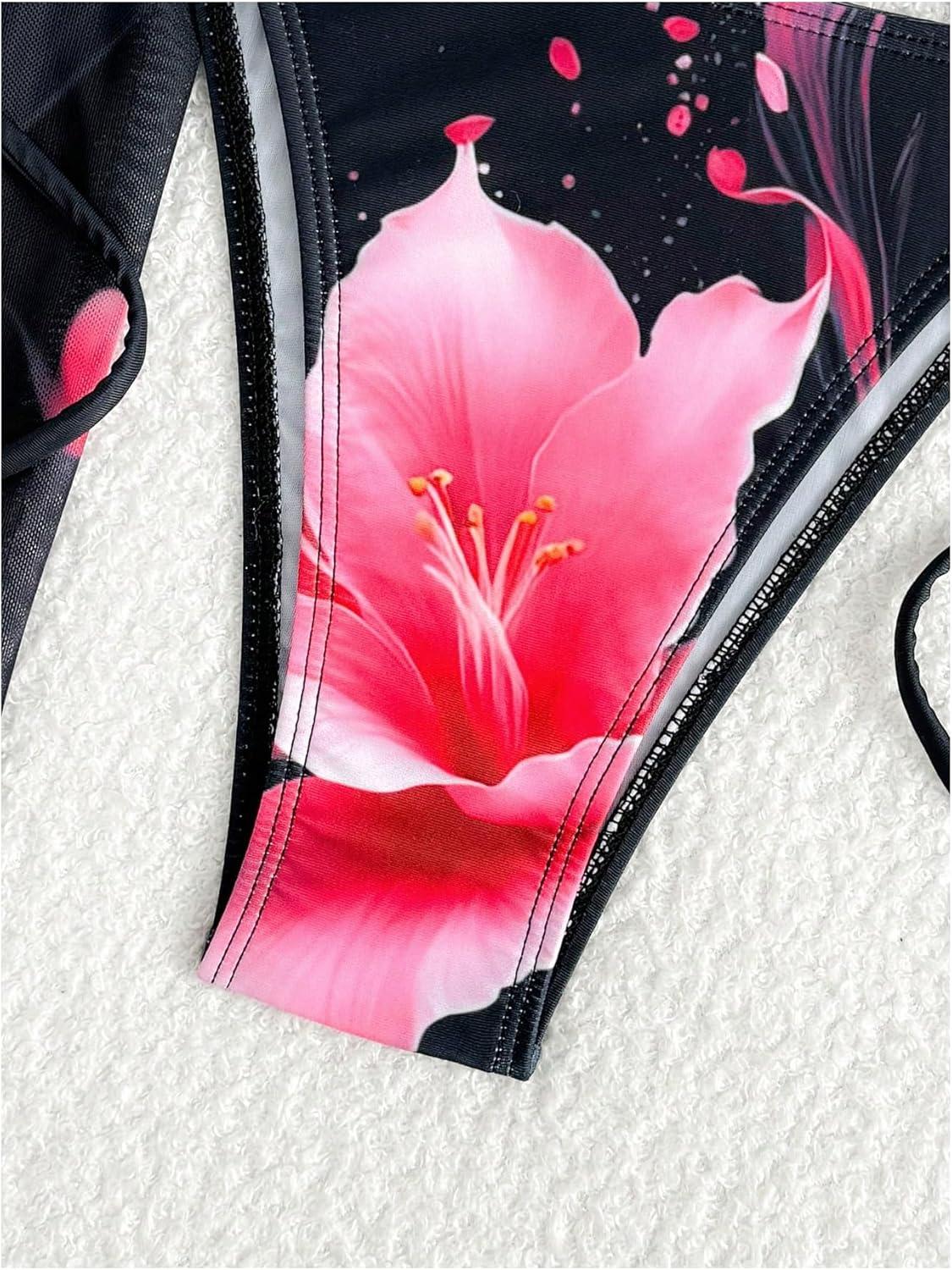 imageMakeMeChic Womens Floral Bikini Set Halter Triangle Tie Side Swimsuits with Cover Up SkirtBlack