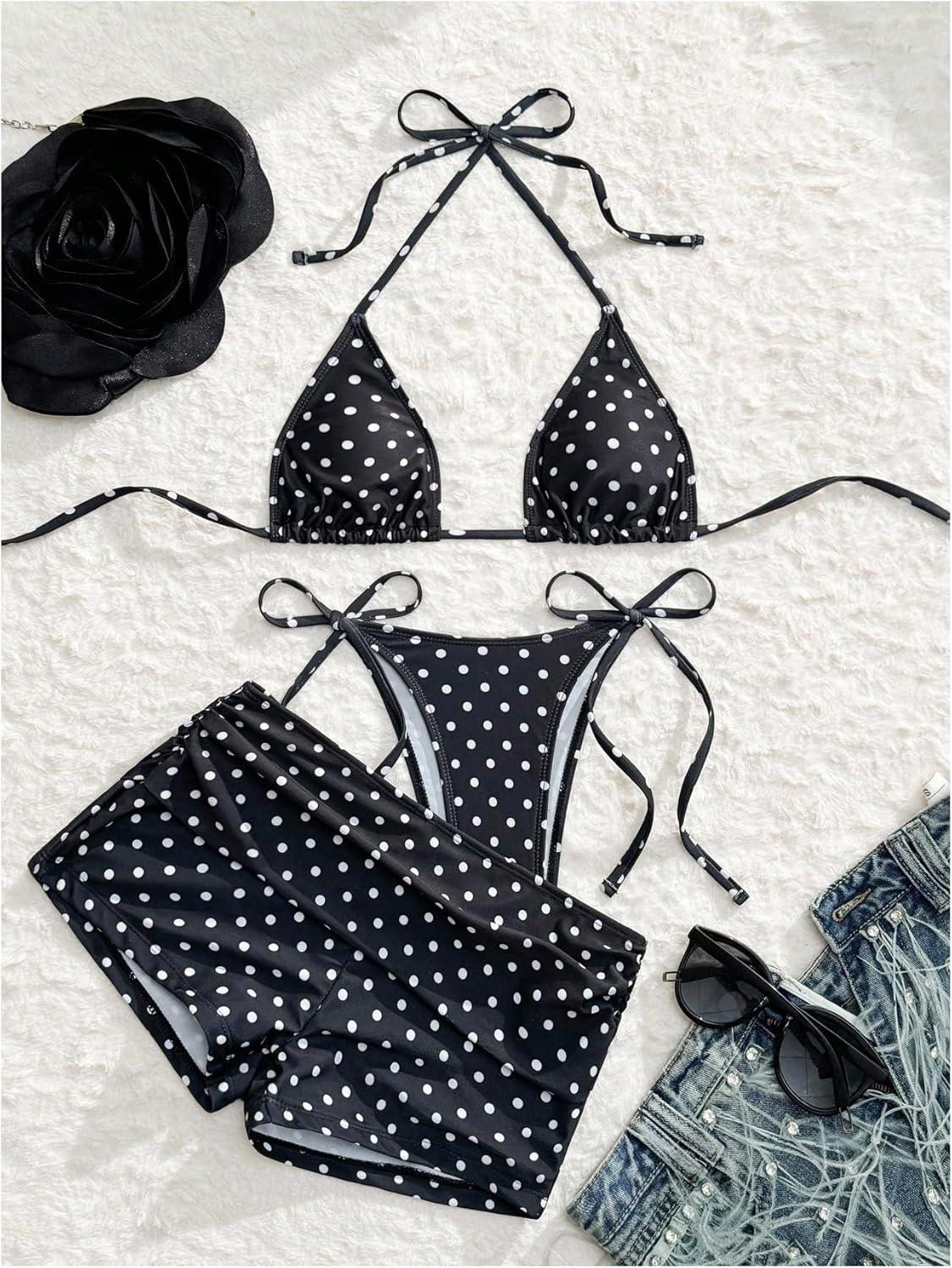 imageMakeMeChic Womens Halter Triangle Bikini Sets Leopard Swim Shorts Swimsuit Bathing SuitPolka Dots