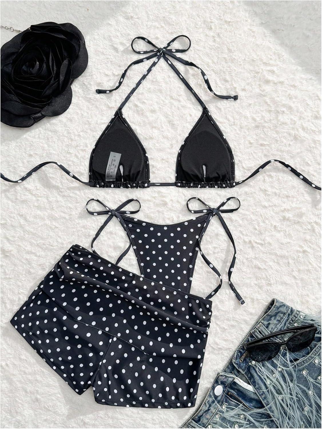 imageMakeMeChic Womens Halter Triangle Bikini Sets Leopard Swim Shorts Swimsuit Bathing SuitPolka Dots