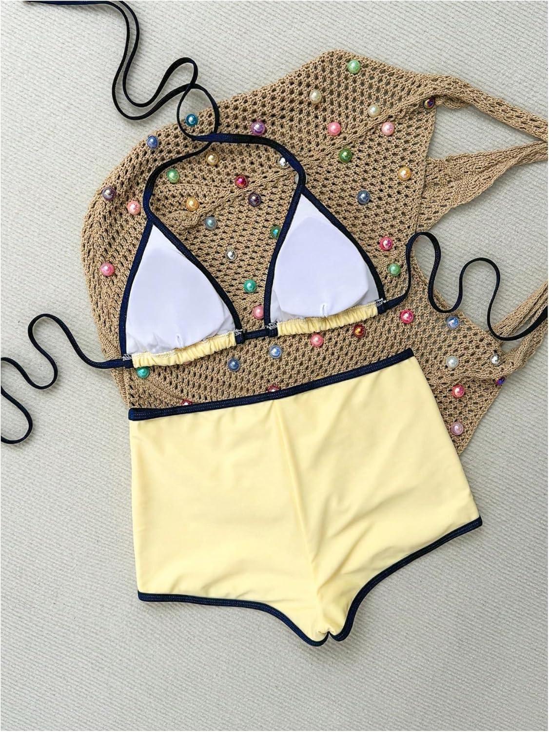 imageMakeMeChic Womens Halter Triangle Bikini Sets Leopard Swim Shorts Swimsuit Bathing SuitYellow