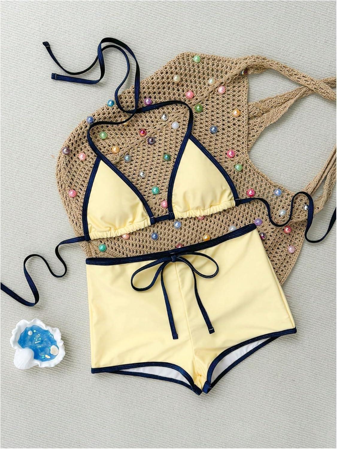 imageMakeMeChic Womens Halter Triangle Bikini Sets Leopard Swim Shorts Swimsuit Bathing SuitYellow