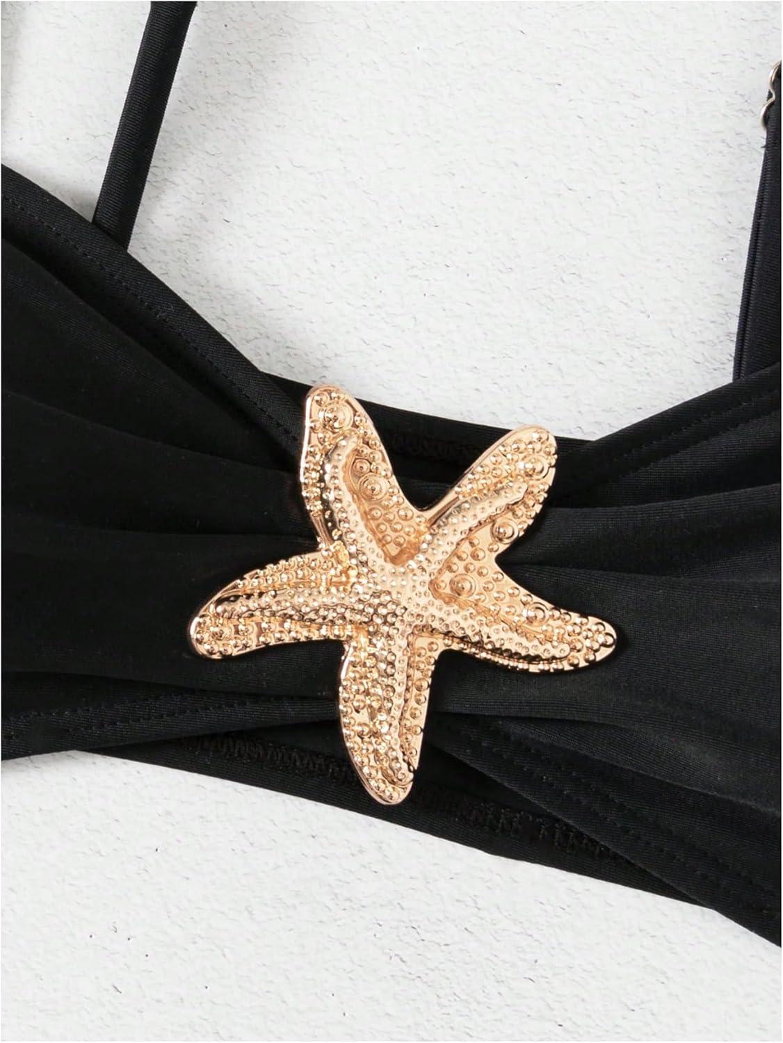 imageMakeMeChic Womens High Waist Bikini Set Metal Starfish Ruched Spaghetti Strap Bathing SuitBlack