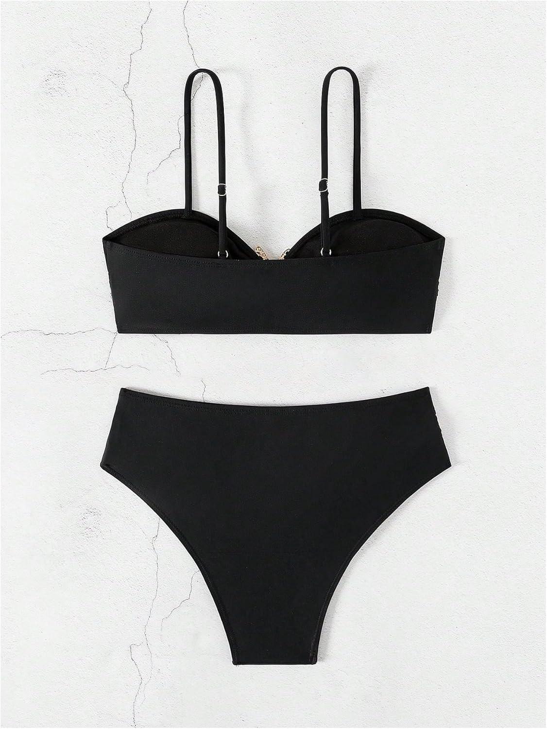 imageMakeMeChic Womens High Waist Bikini Set Metal Starfish Ruched Spaghetti Strap Bathing SuitBlack