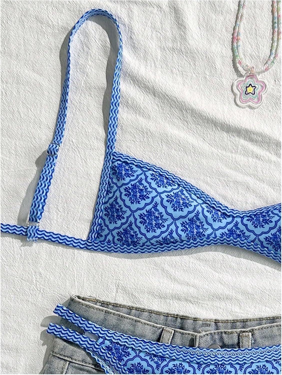 imageMakeMeChic Womens Micro Thong Bikini Set No Padding High Cut Bathing Suit SwimsuitBlue