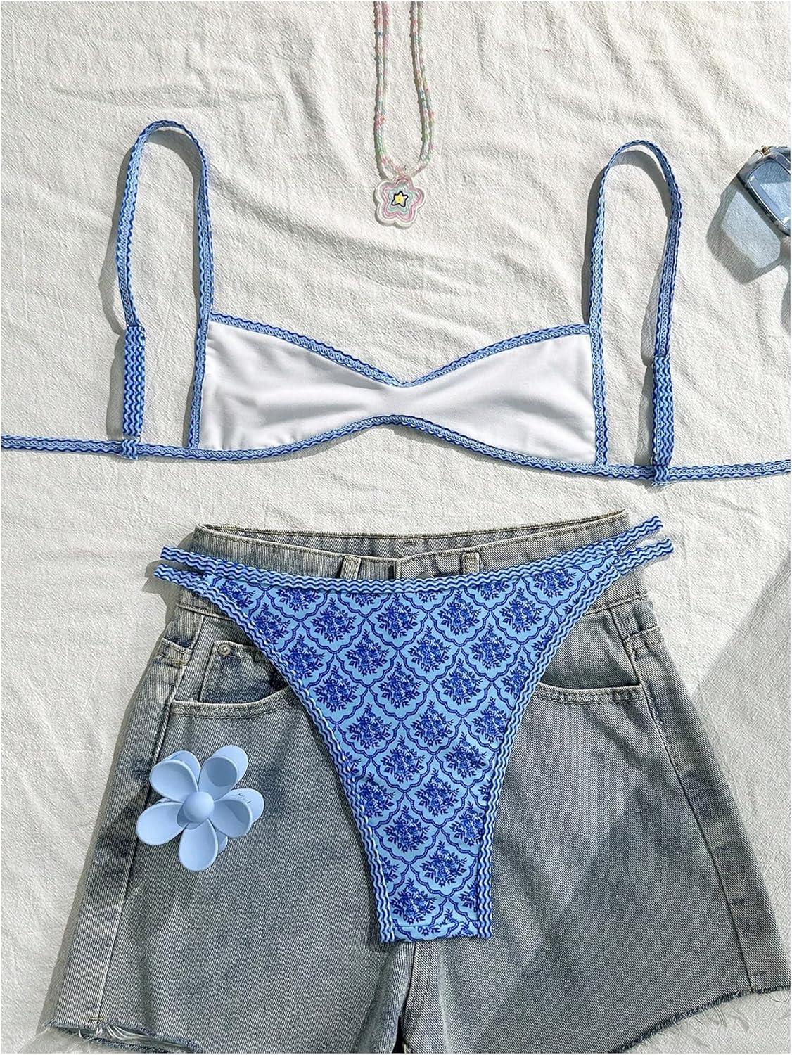 imageMakeMeChic Womens Micro Thong Bikini Set No Padding High Cut Bathing Suit SwimsuitBlue