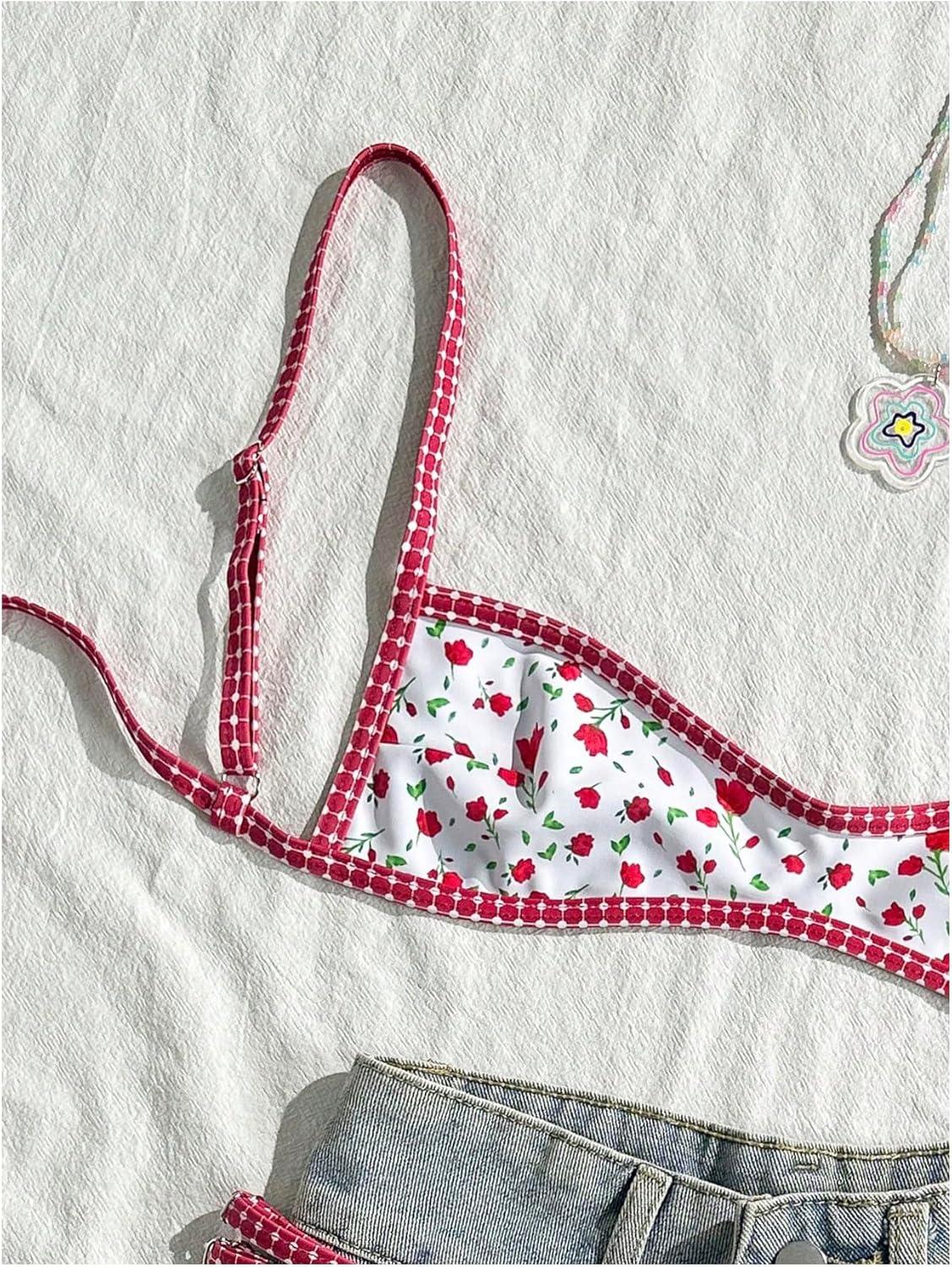 imageMakeMeChic Womens Micro Thong Bikini Set No Padding High Cut Bathing Suit SwimsuitFloral Red White