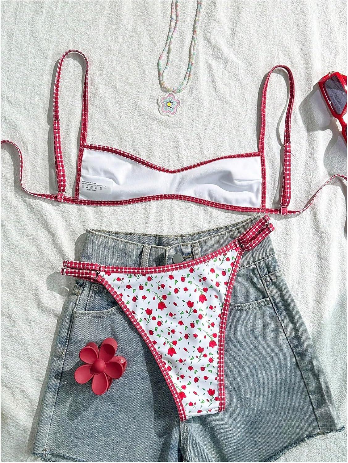 imageMakeMeChic Womens Micro Thong Bikini Set No Padding High Cut Bathing Suit SwimsuitFloral Red White