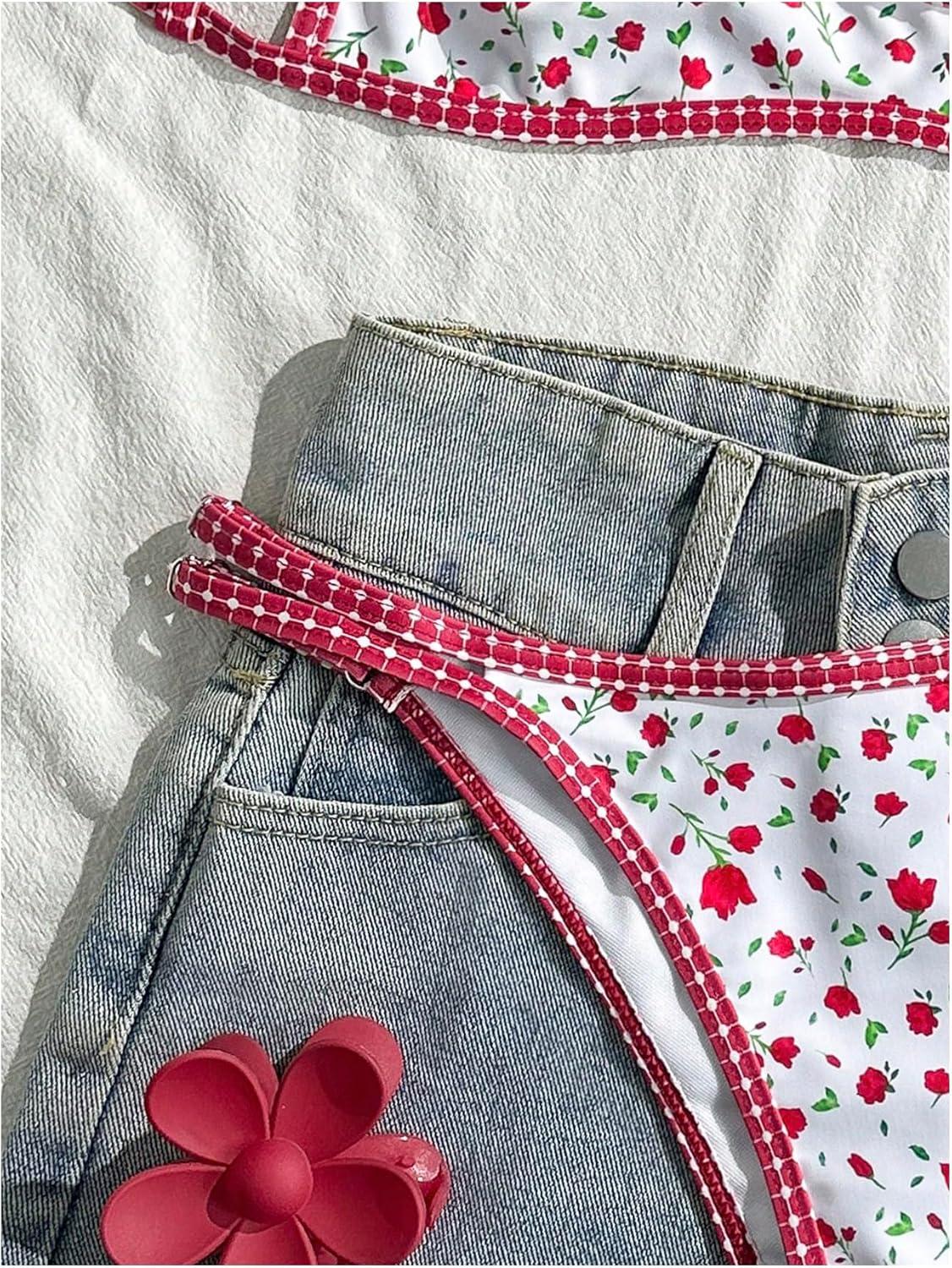 imageMakeMeChic Womens Micro Thong Bikini Set No Padding High Cut Bathing Suit SwimsuitFloral Red White