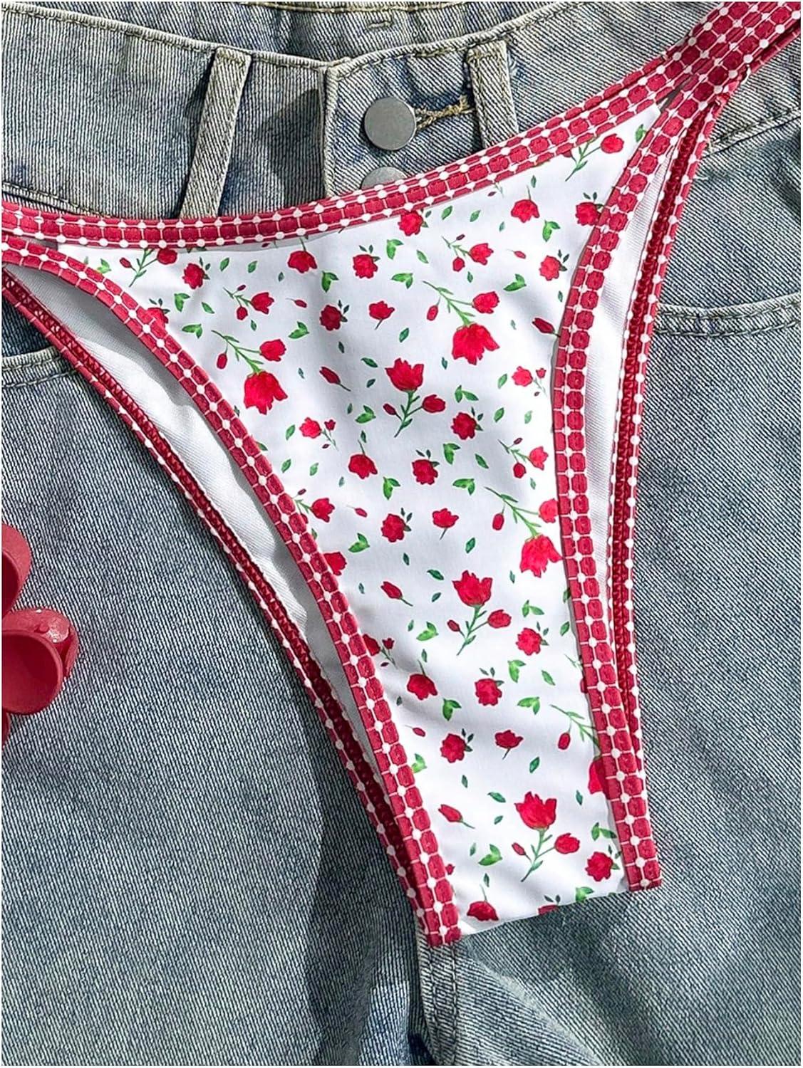 imageMakeMeChic Womens Micro Thong Bikini Set No Padding High Cut Bathing Suit SwimsuitFloral Red White