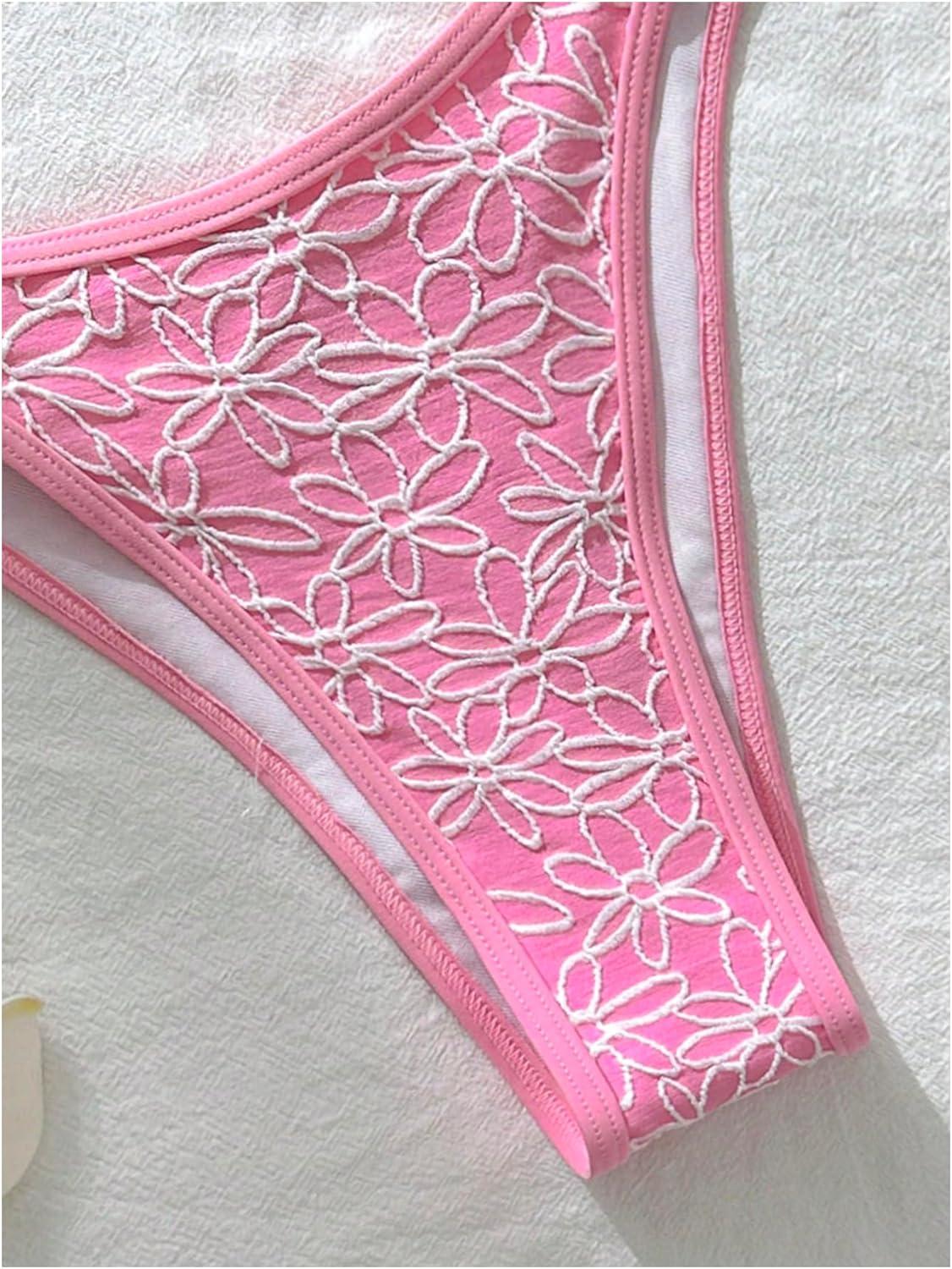 imageMakeMeChic Womens Micro Thong Bikini Set No Padding High Cut Bathing Suit SwimsuitFlower Pink