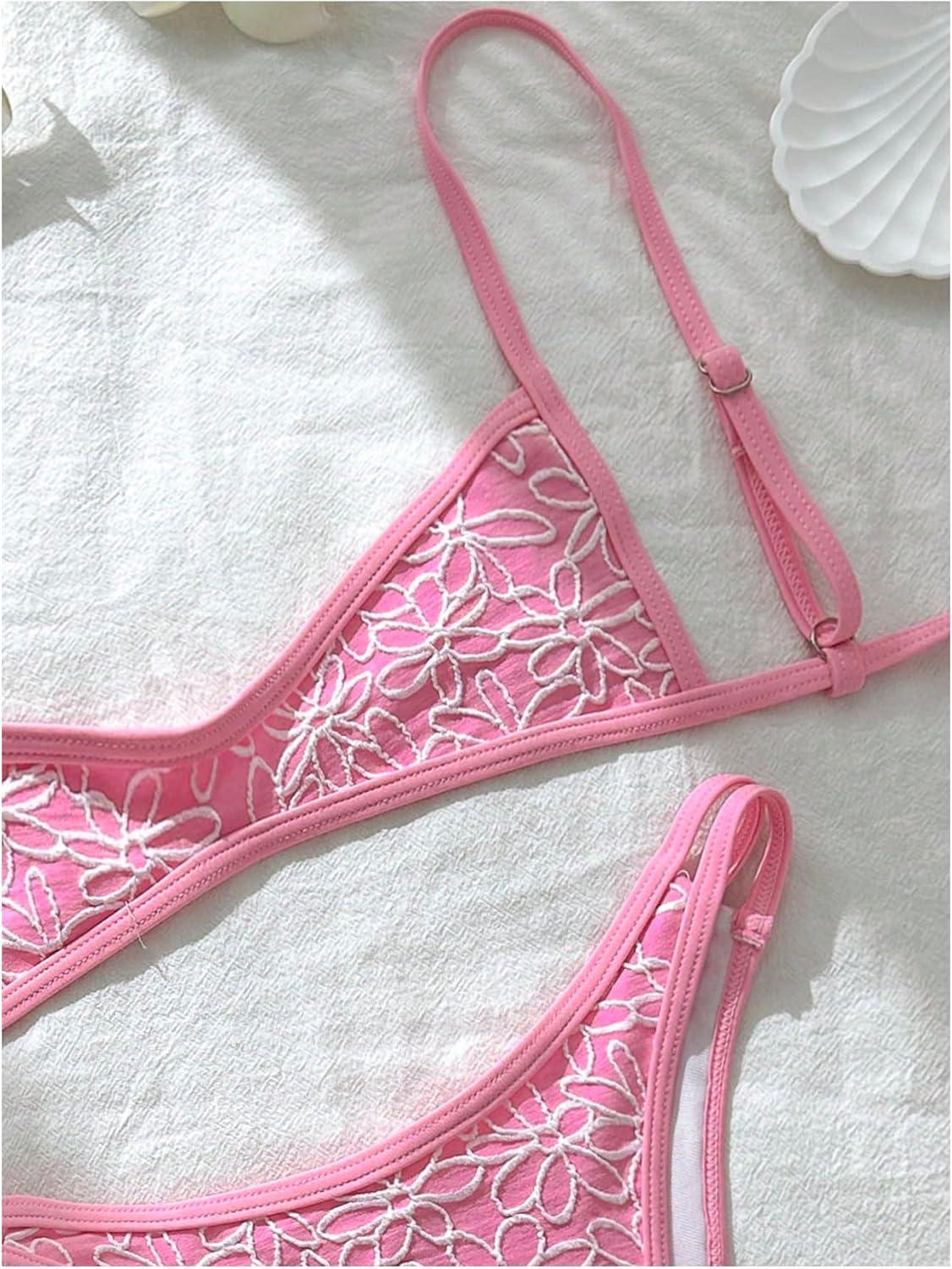 imageMakeMeChic Womens Micro Thong Bikini Set No Padding High Cut Bathing Suit SwimsuitFlower Pink