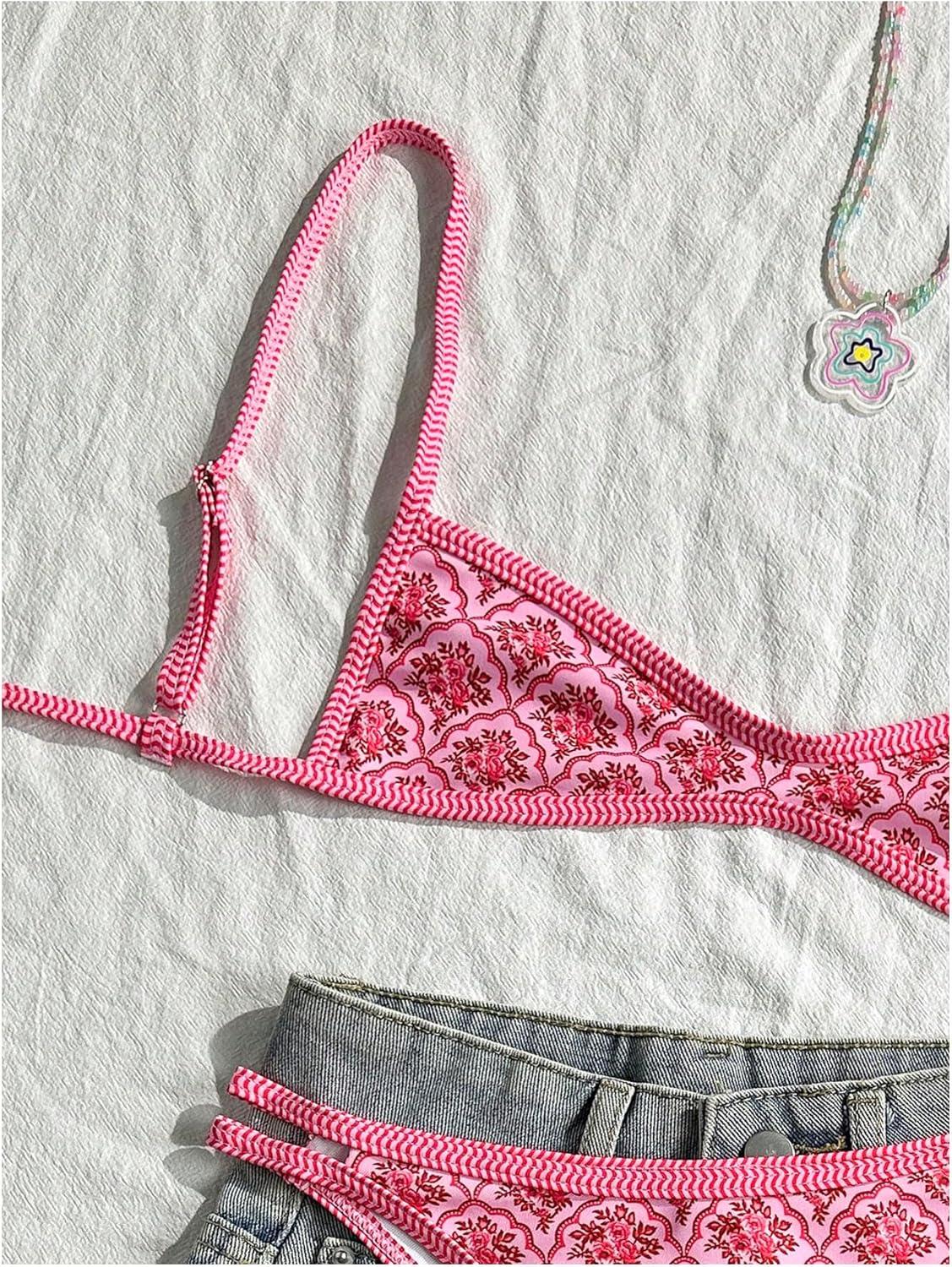 imageMakeMeChic Womens Micro Thong Bikini Set No Padding High Cut Bathing Suit SwimsuitPink