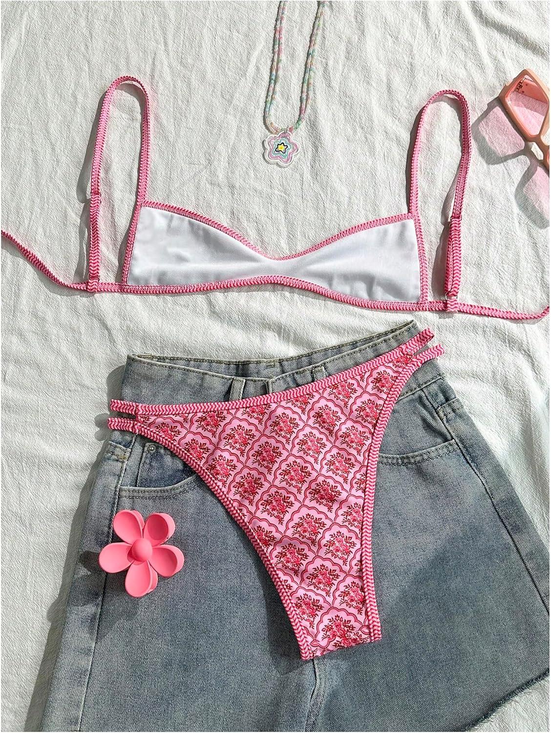 imageMakeMeChic Womens Micro Thong Bikini Set No Padding High Cut Bathing Suit SwimsuitPink