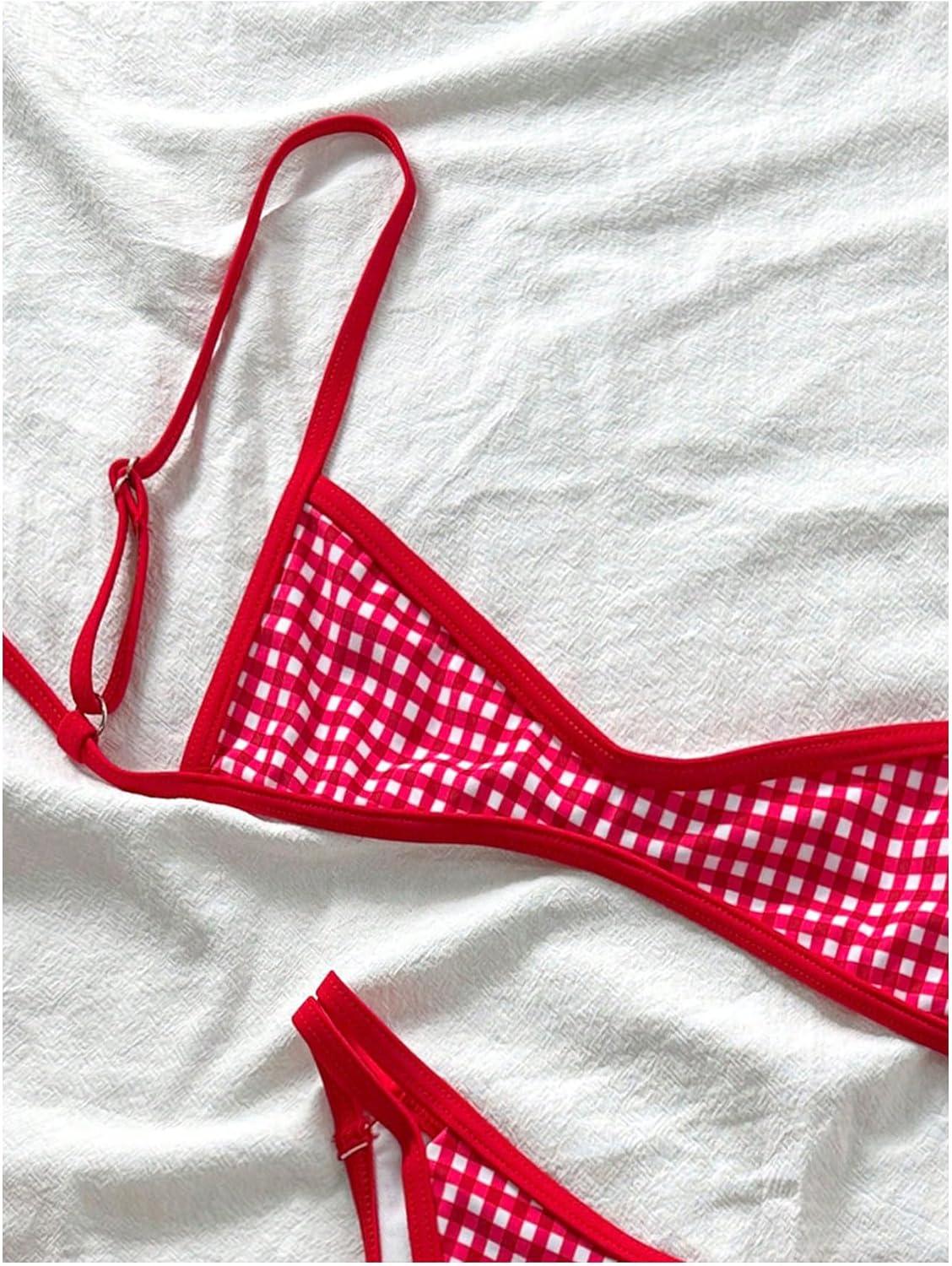 imageMakeMeChic Womens Micro Thong Bikini Set No Padding High Cut Bathing Suit SwimsuitRed