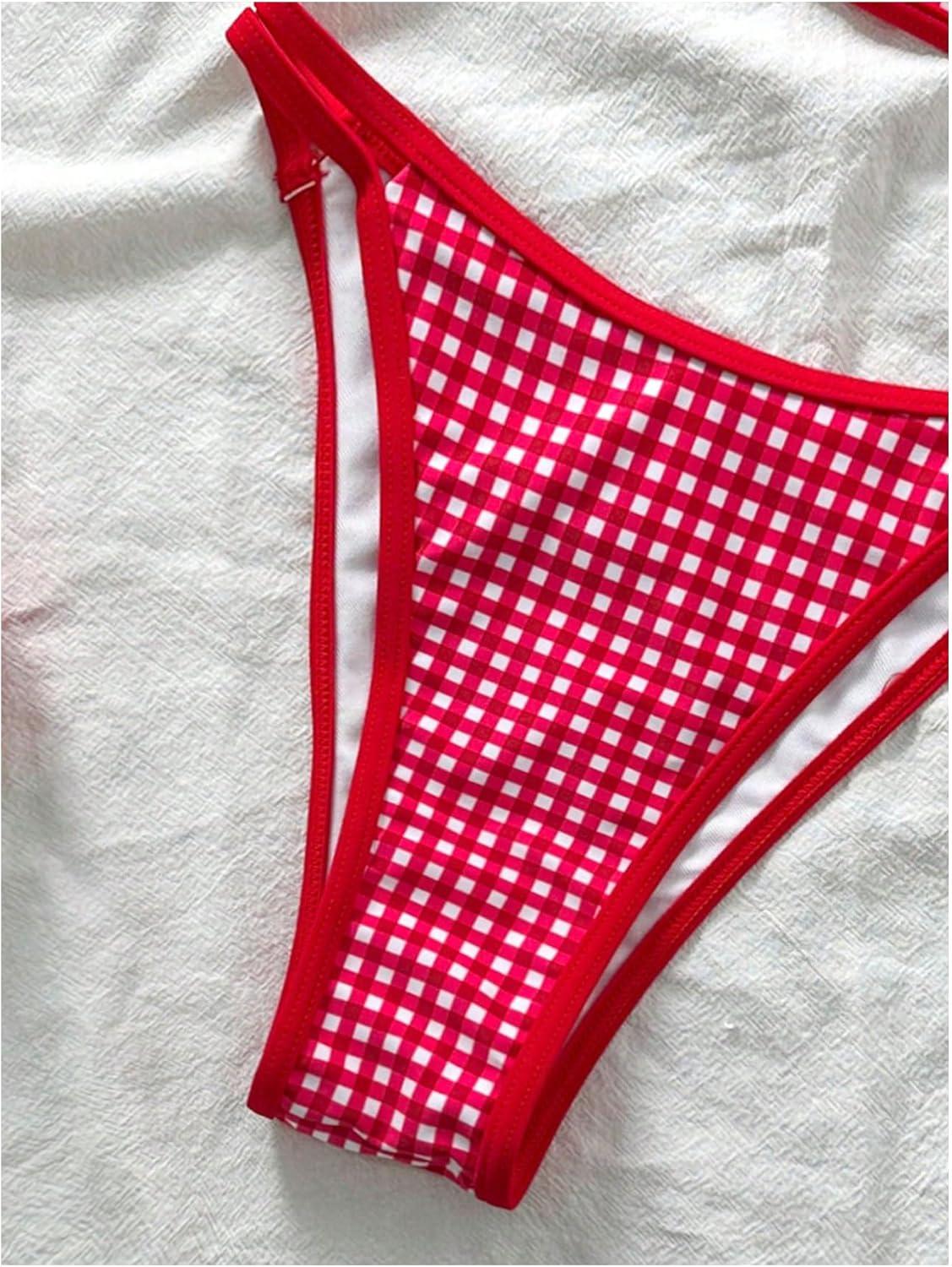 imageMakeMeChic Womens Micro Thong Bikini Set No Padding High Cut Bathing Suit SwimsuitRed